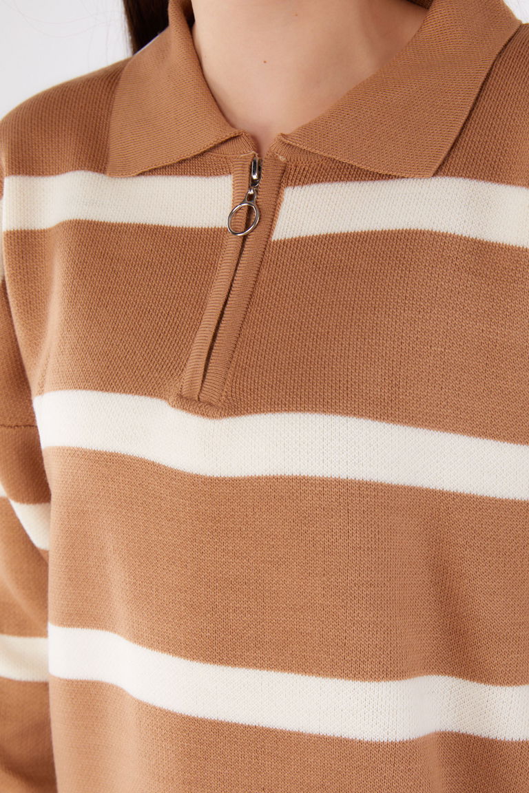 Çizgili Triko Tunik - 27741-VIZON - TOFİSA