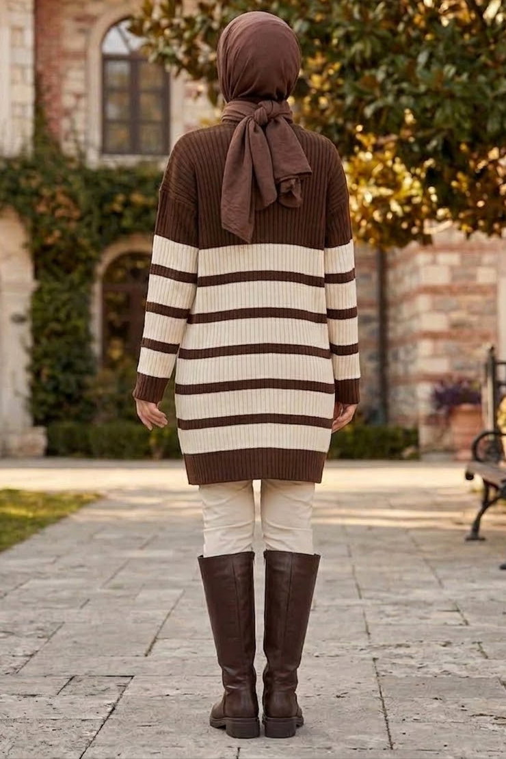 Çizgili Triko Tunik Kahve - 28908-KAHVE - 3