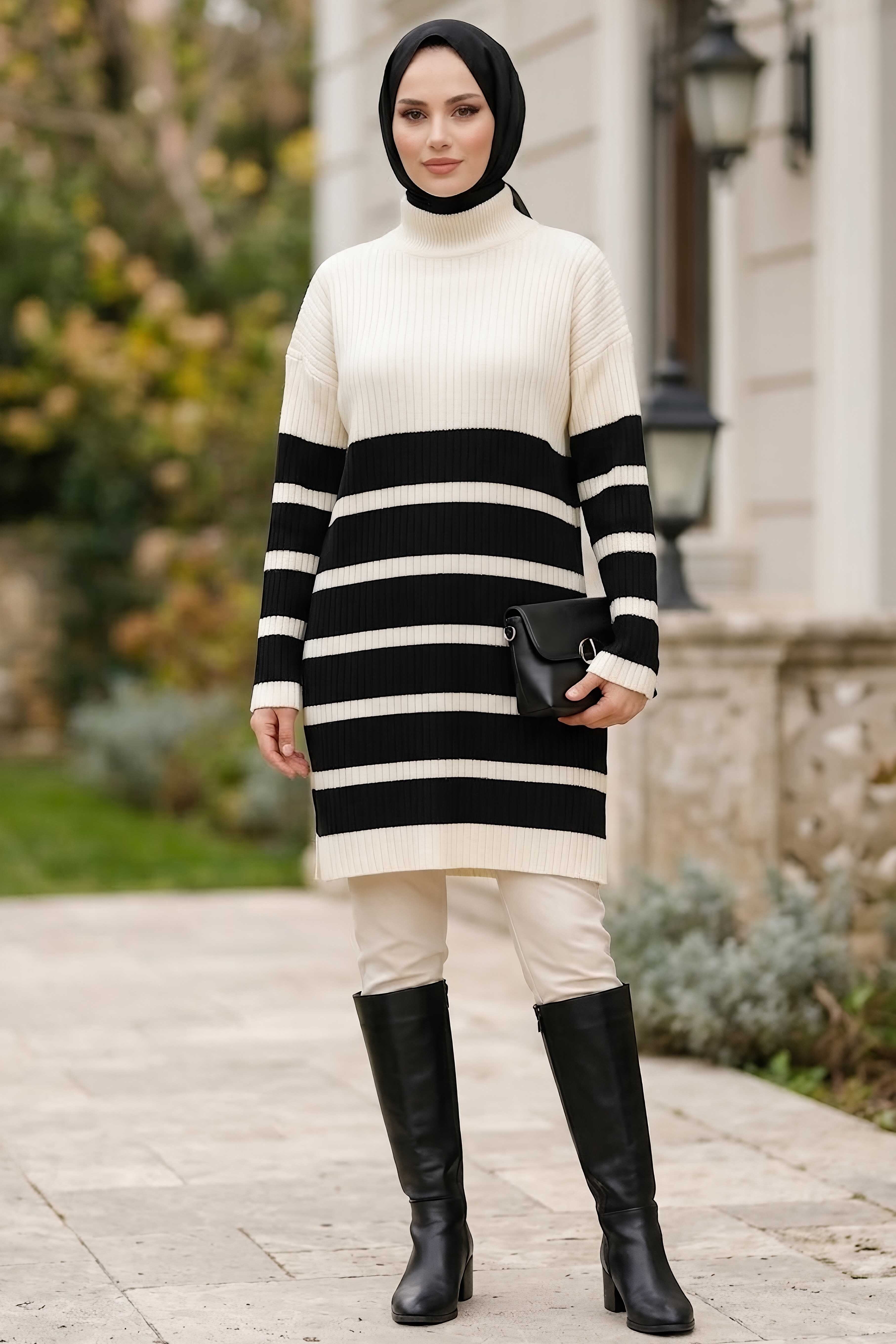 Çizgili Triko Tunik Krem - 28908-KREM - 2