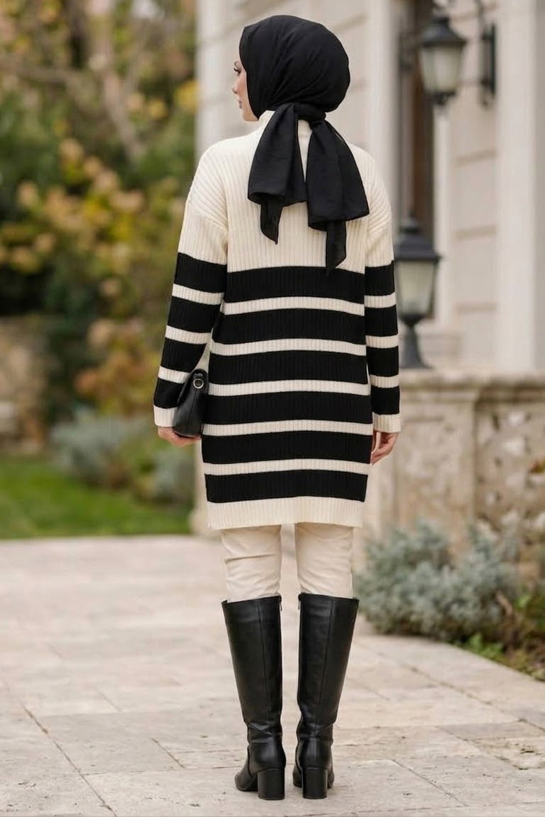Çizgili Triko Tunik Krem - 28908-KREM - 3
