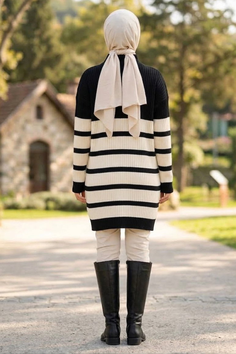 Çizgili Triko Tunik Siyah - 28908-SIYAH - 3