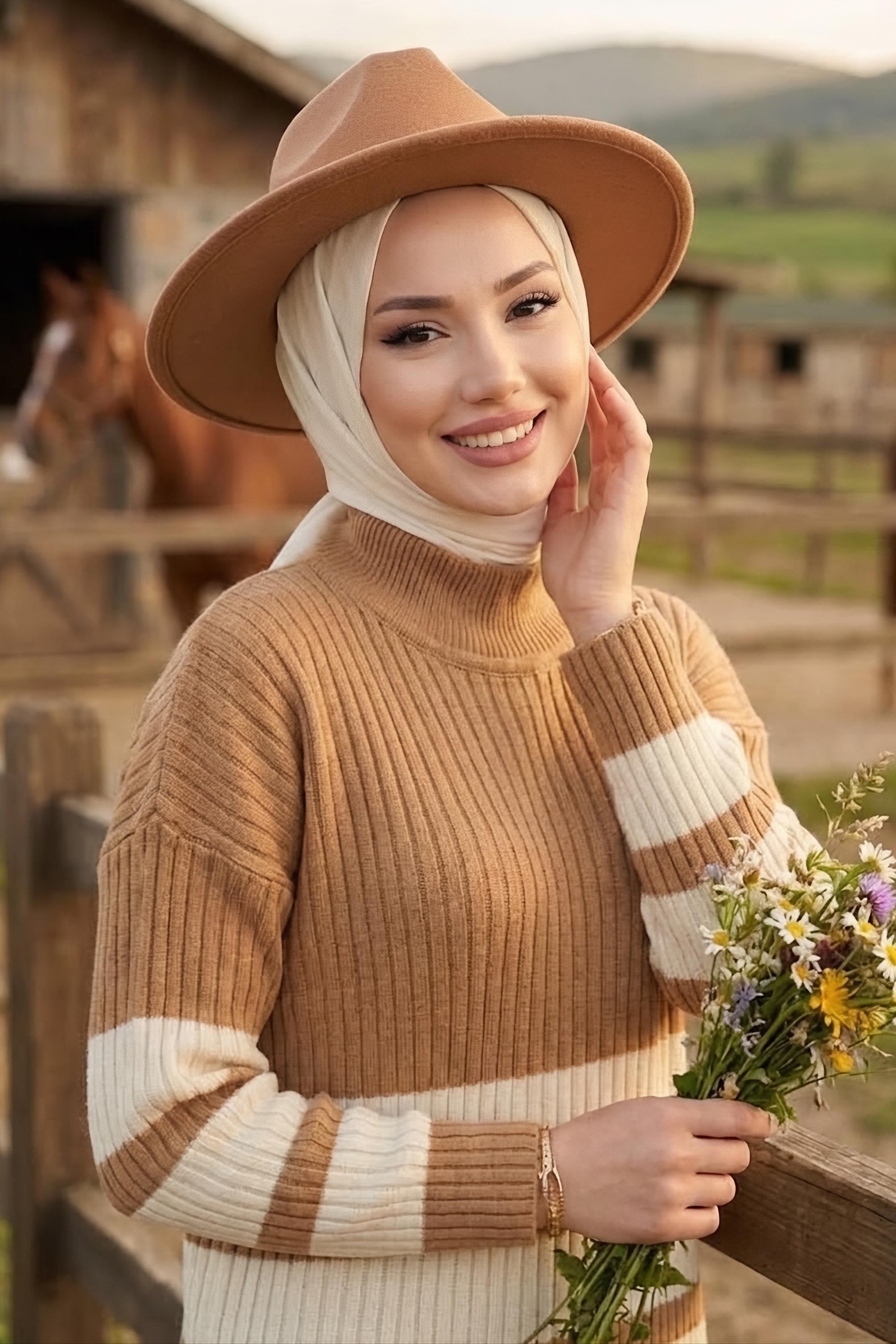 Çizgili Triko Tunik Vizon - 28908-VIZON - 3