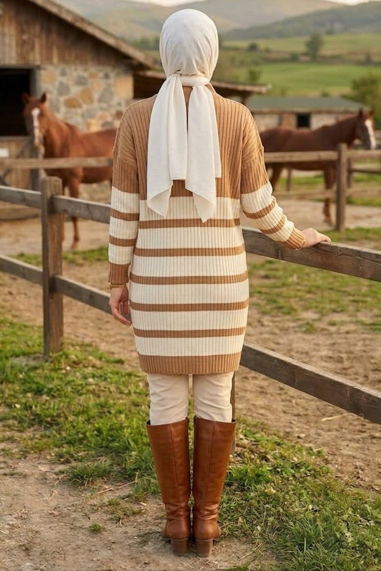 Çizgili Triko Tunik Vizon - 28908-VIZON - 4