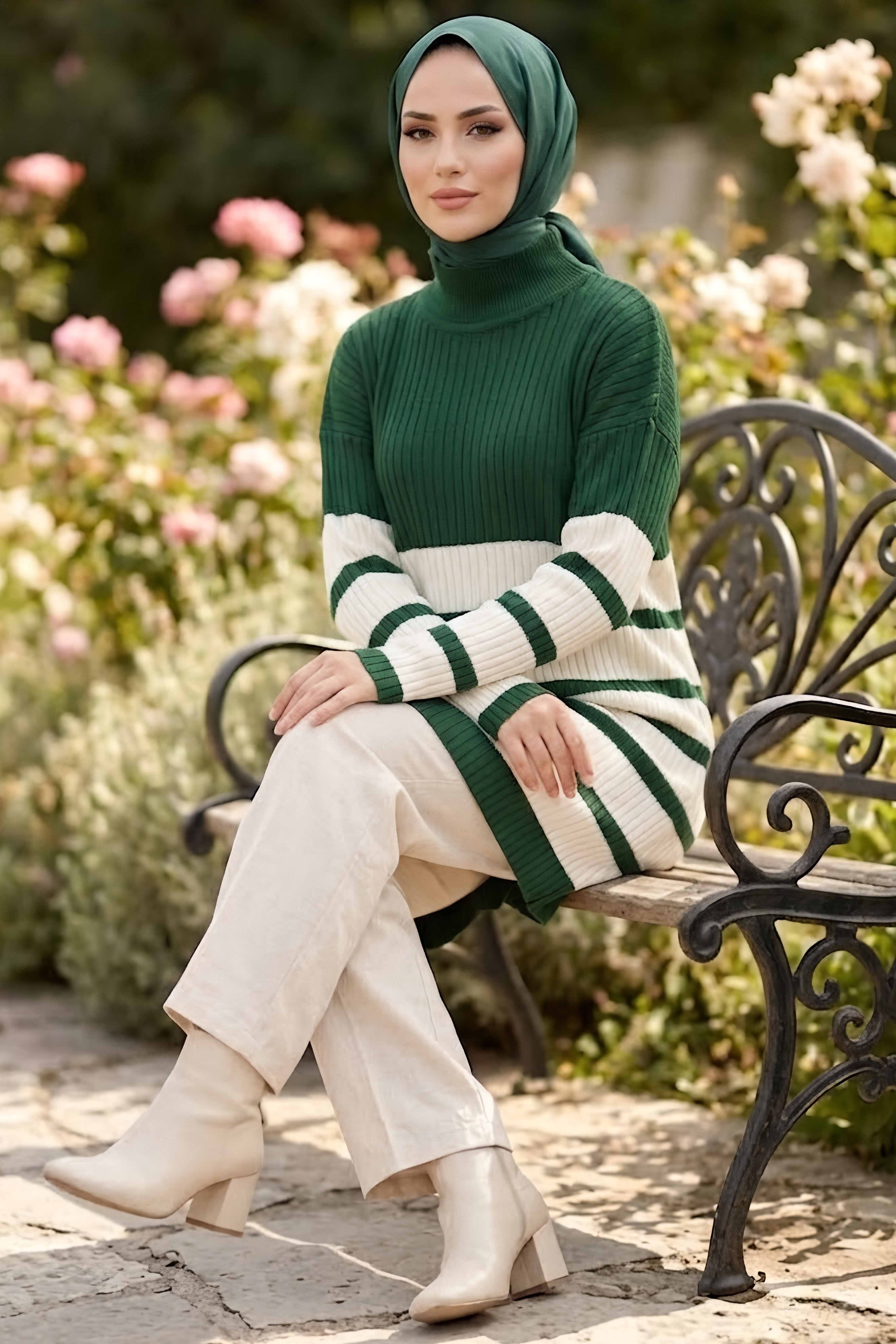 Çizgili Triko Tunik Zumrut - 28908-ZUMRUT - 1