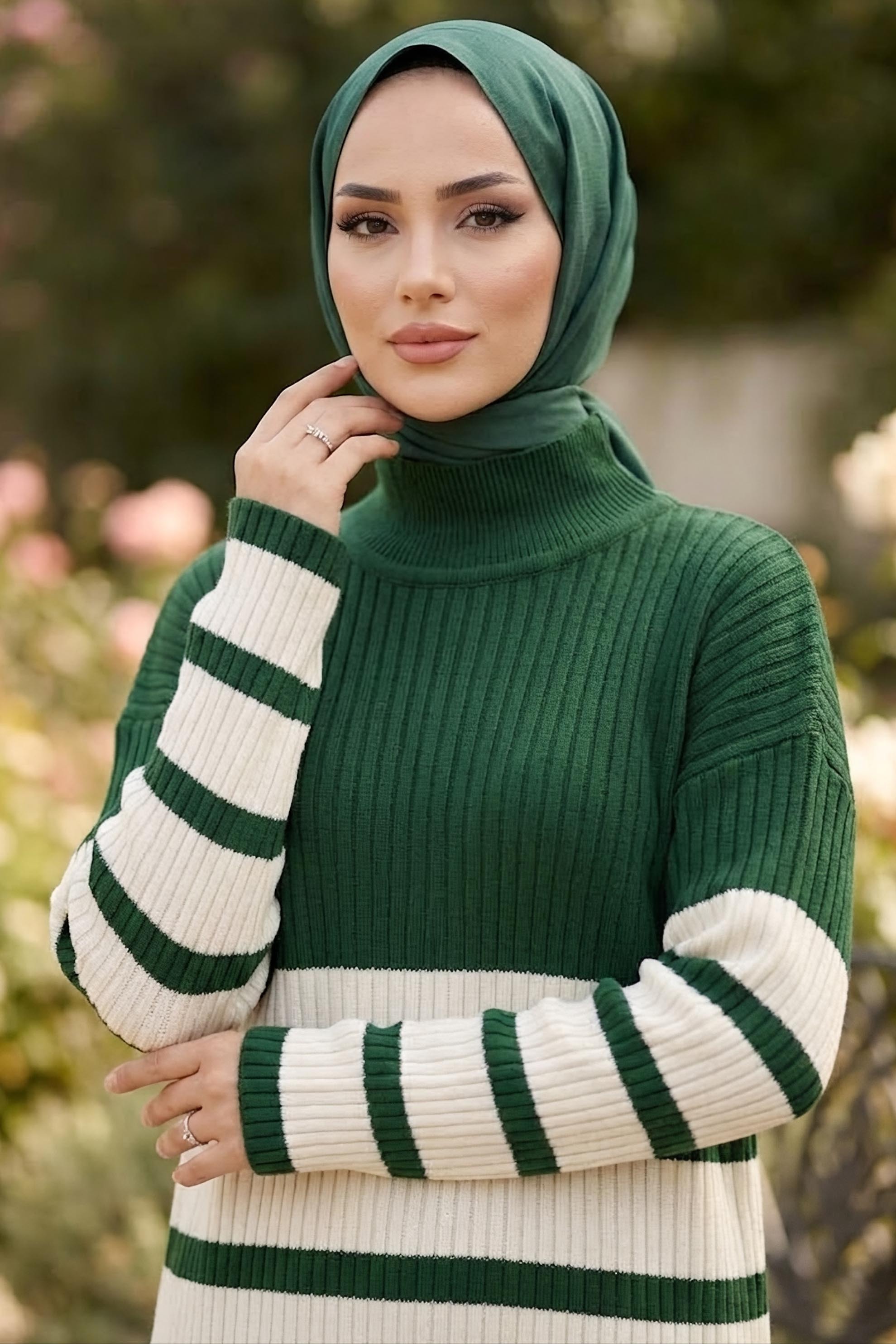 Çizgili Triko Tunik Zumrut - 28908-ZUMRUT - 2