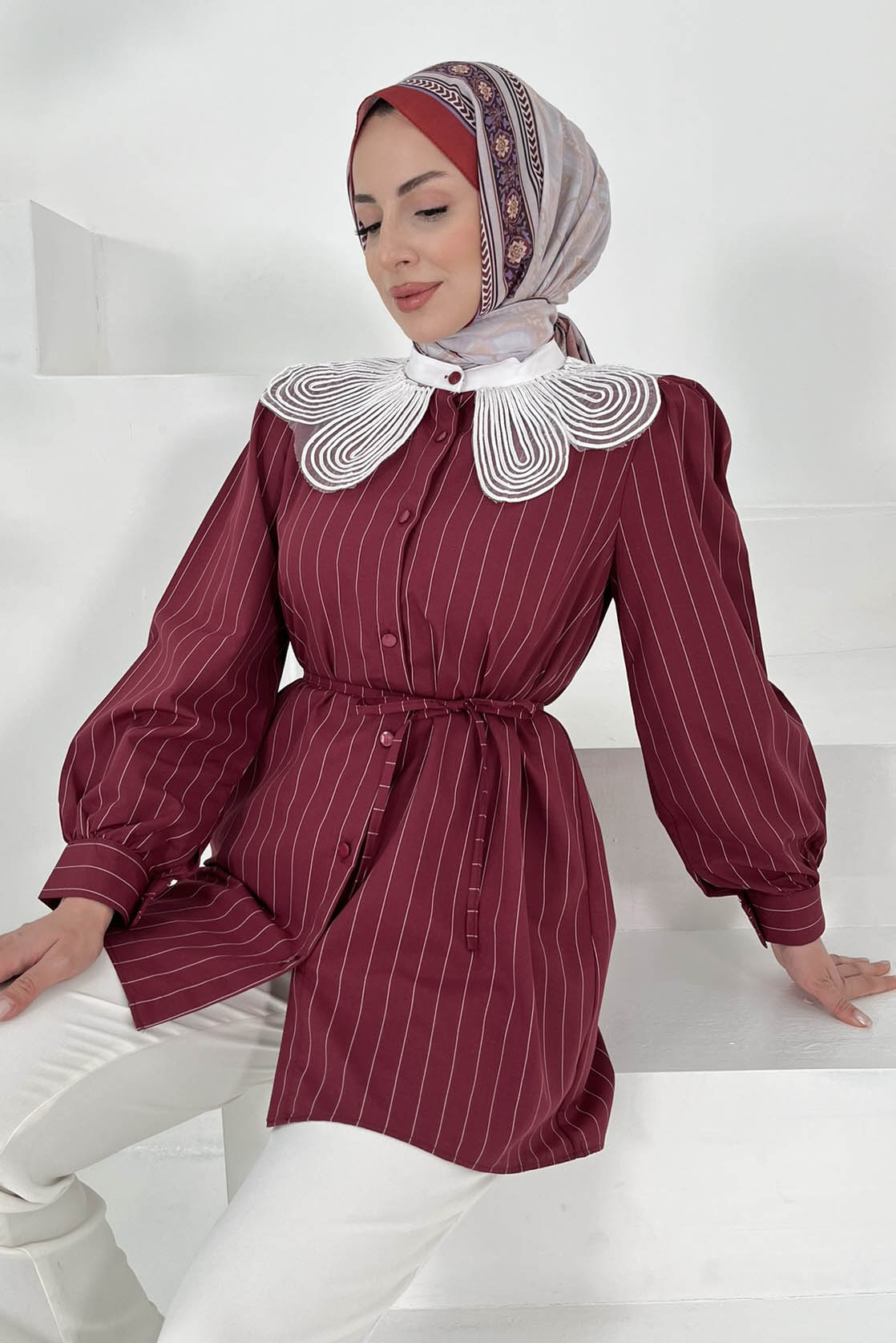 Çizgili Tunik Bordo - 27000 - 1