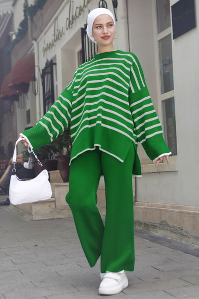 Çizgili Tunik Pantolon - 27729-YESIL 