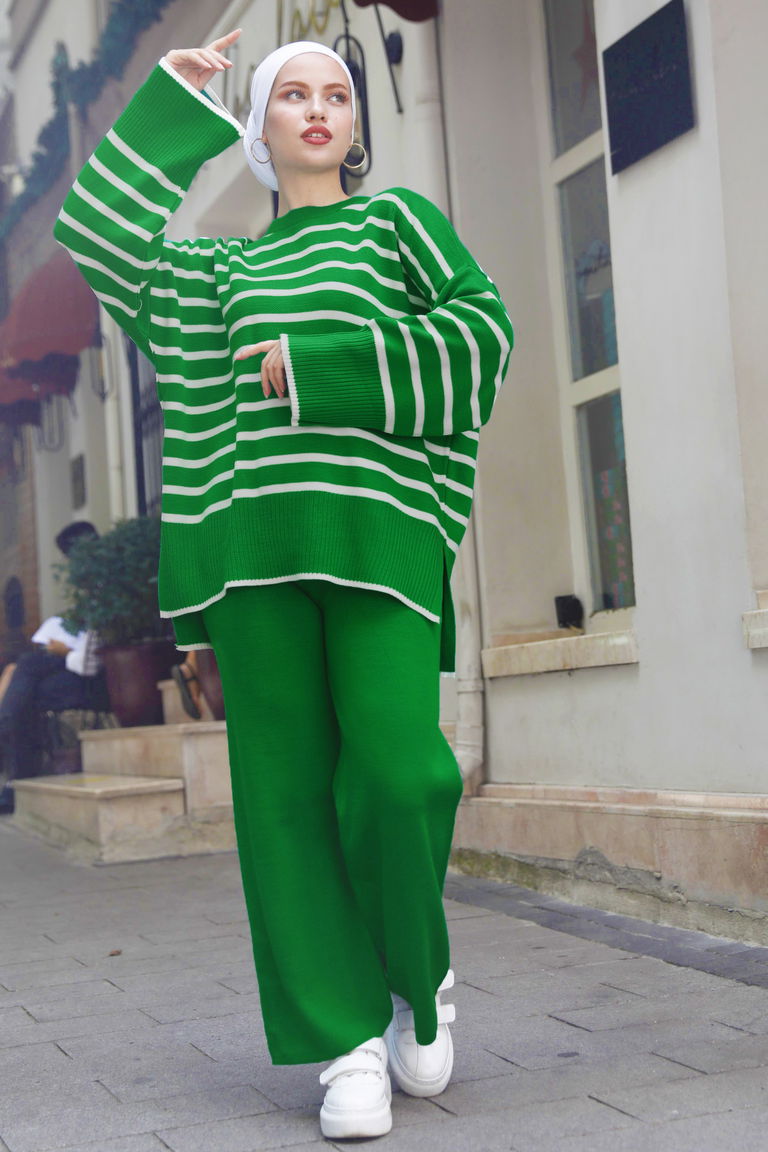 Çizgili Tunik Pantolon - 27729-YESIL - TOFİSA