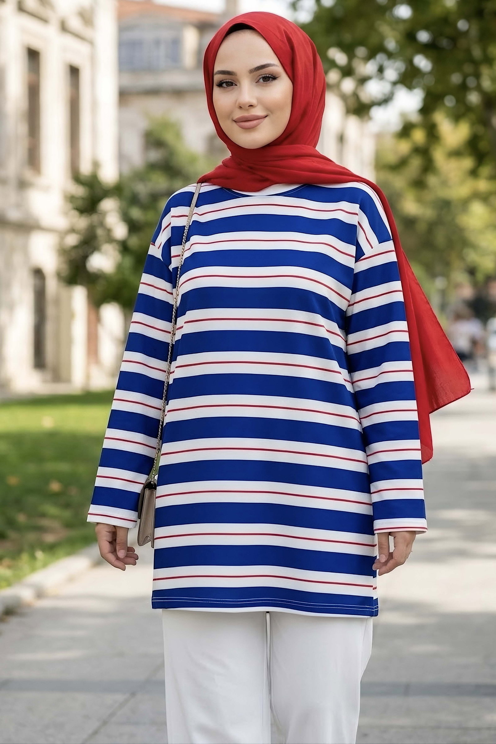 Çizgili Tunik Saks - 29172-SAKS - 1