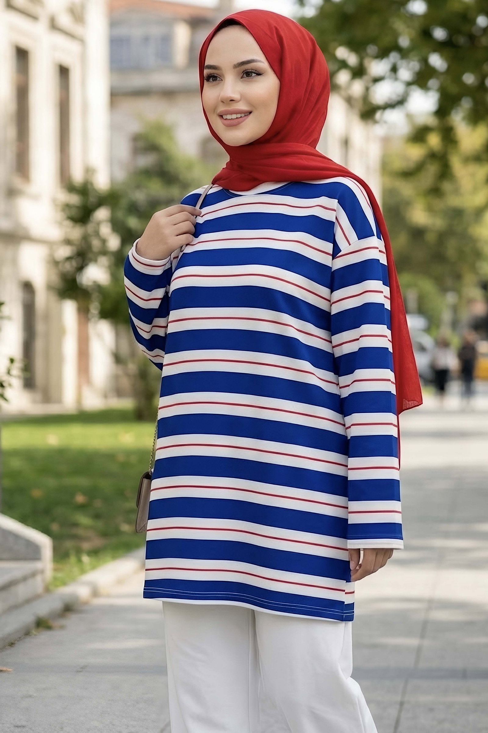 Çizgili Tunik Saks - 29172-SAKS - 2