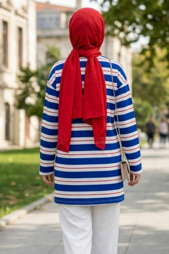 Çizgili Tunik Saks - 29172-SAKS - 3