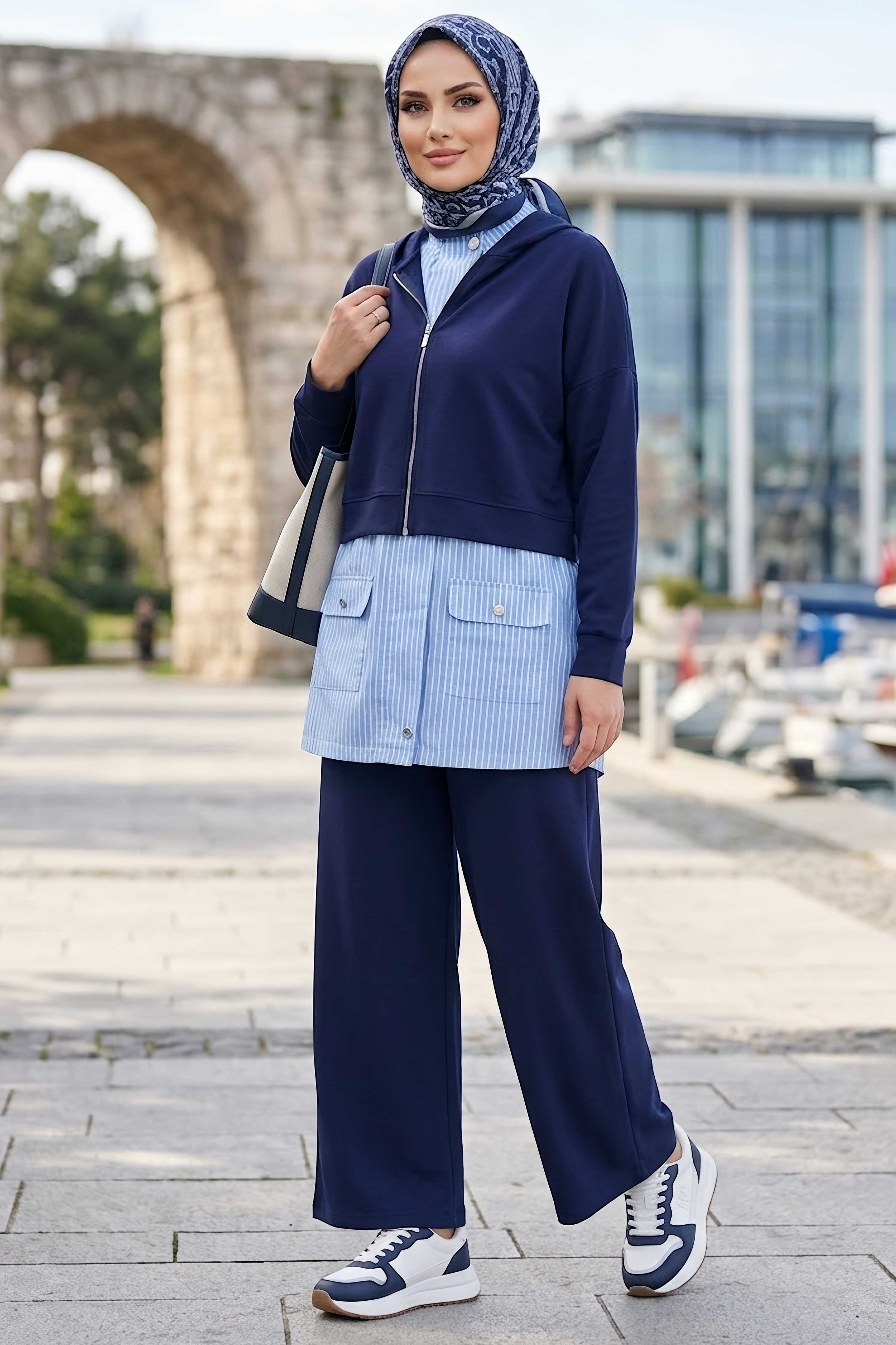 Çizgili Üçlü Oysh Modal Takım Lacivert - 28923-LACIVERT - 1
