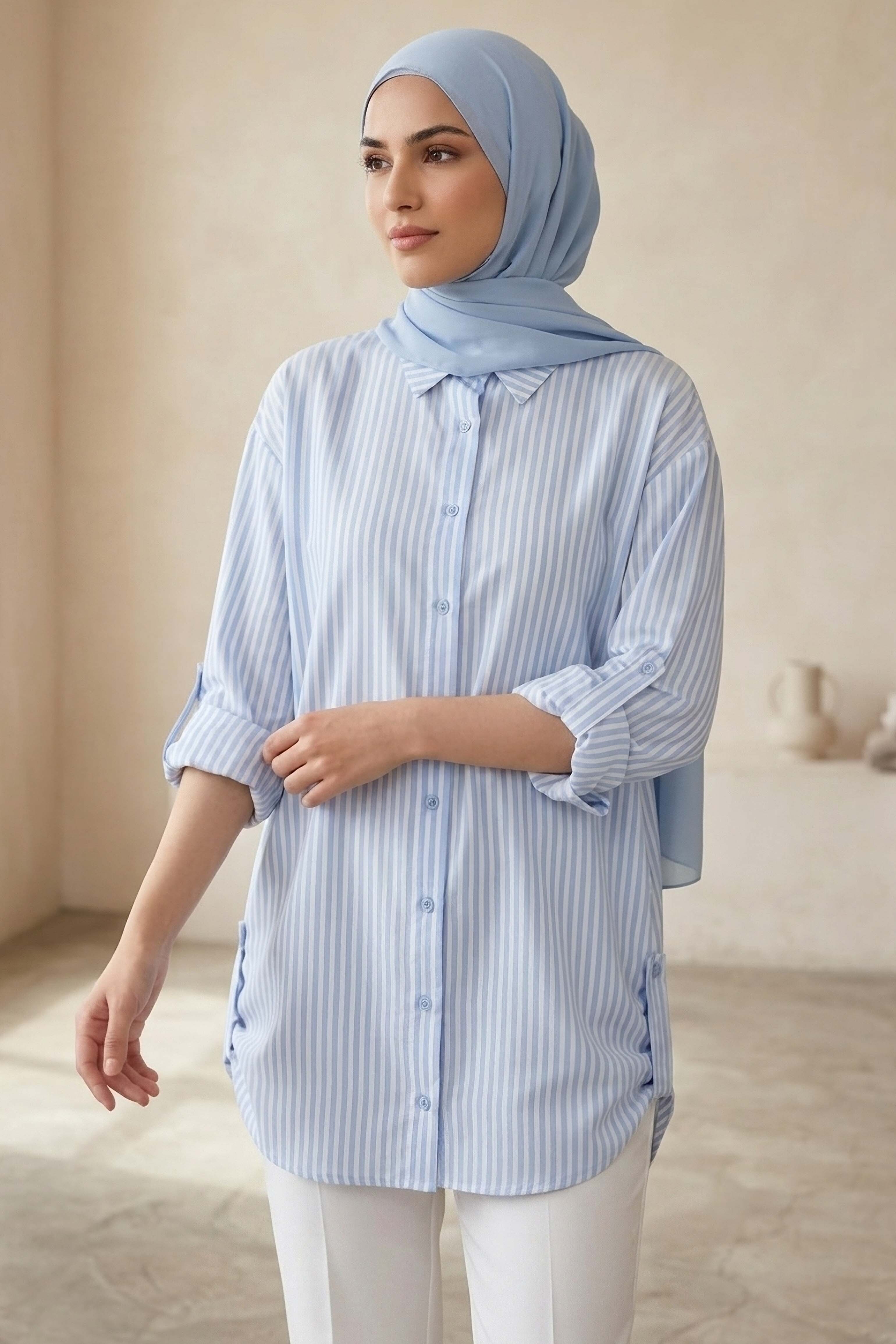 Çizgili Yanları Düğme Detaylı Tunik Bebe Mavi - 1329-BEBE-MAVI - 1