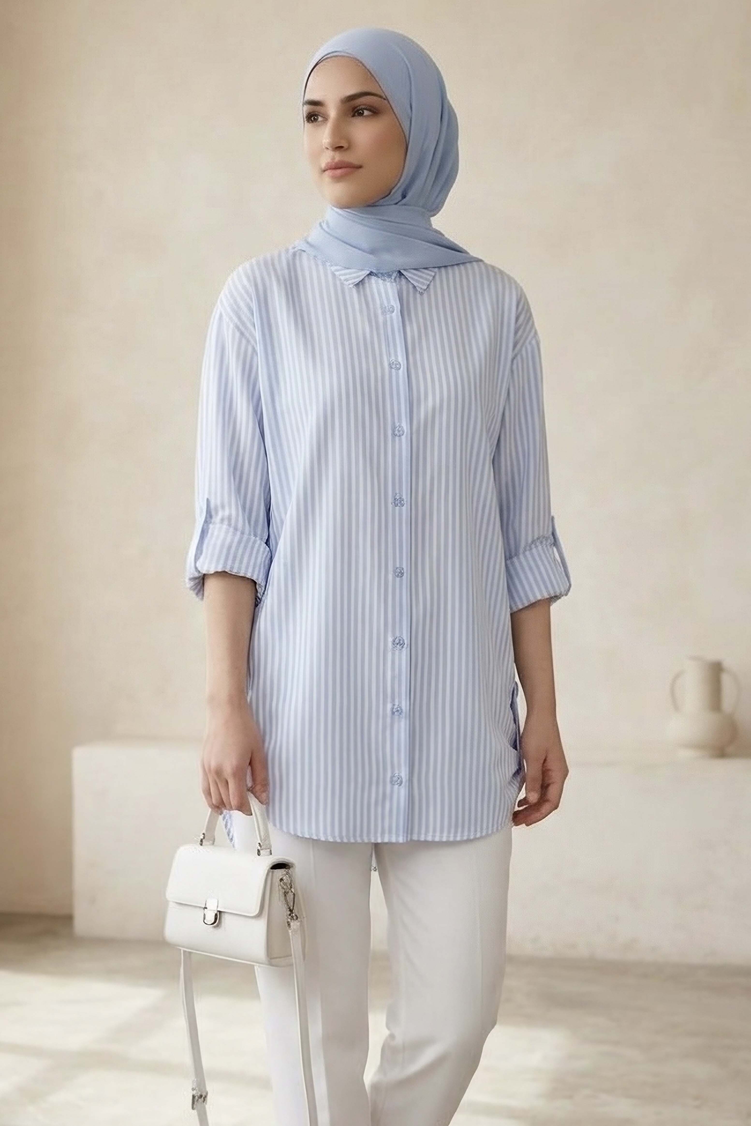 Çizgili Yanları Düğme Detaylı Tunik Bebe Mavi - 1329-BEBE-MAVI - 2