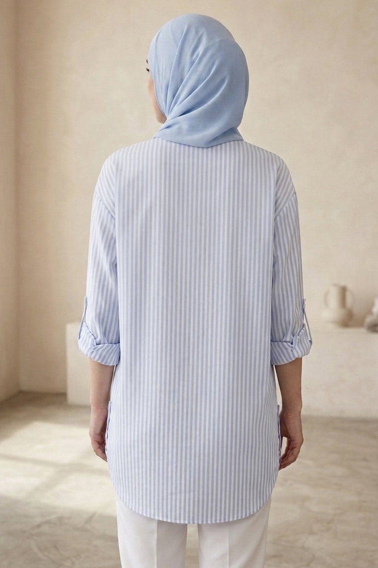 Çizgili Yanları Düğme Detaylı Tunik Bebe Mavi - 1329-BEBE-MAVI - 3