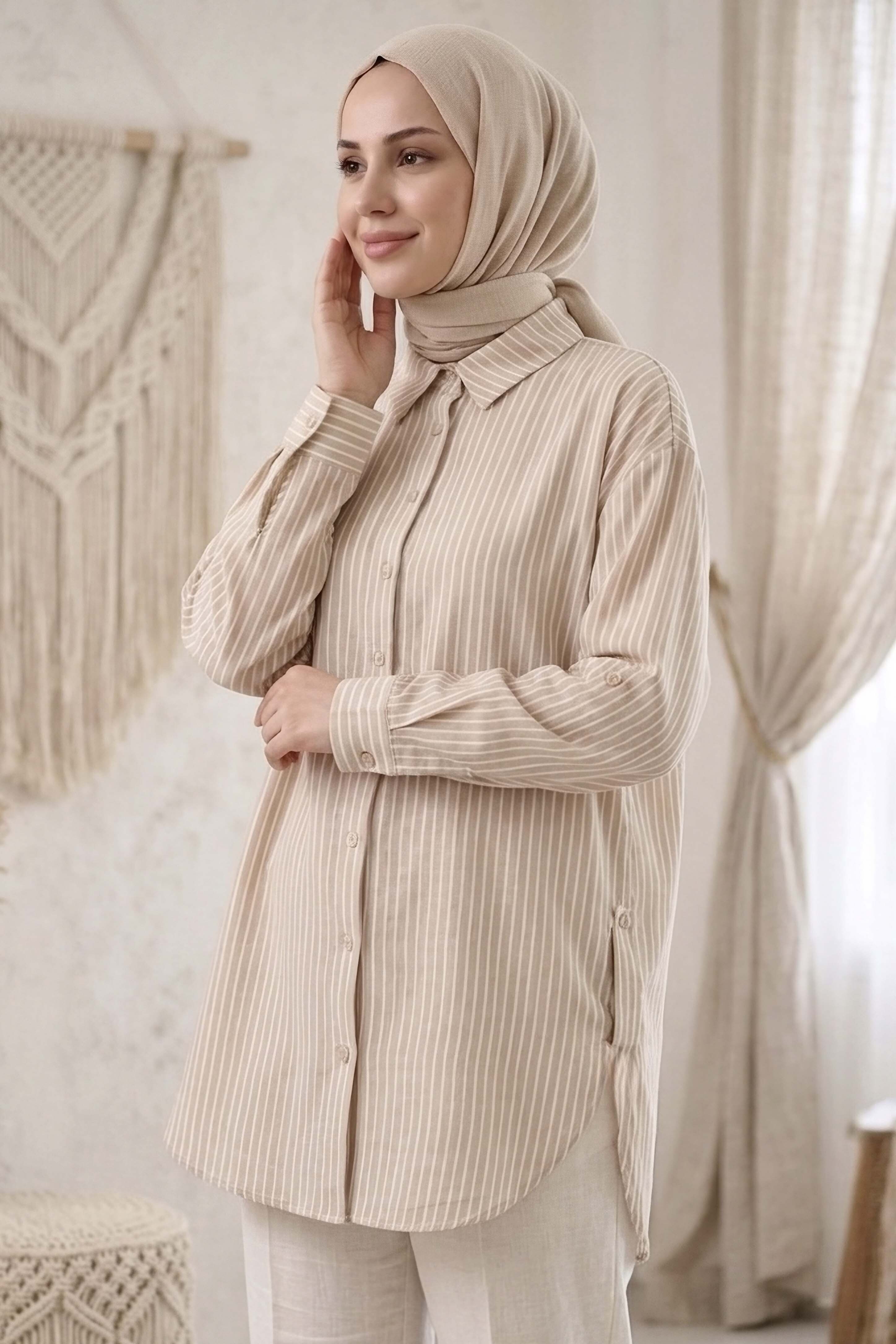 Çizgili Yanları Düğme Detaylı Tunik Krem - 1329-KREM - 1