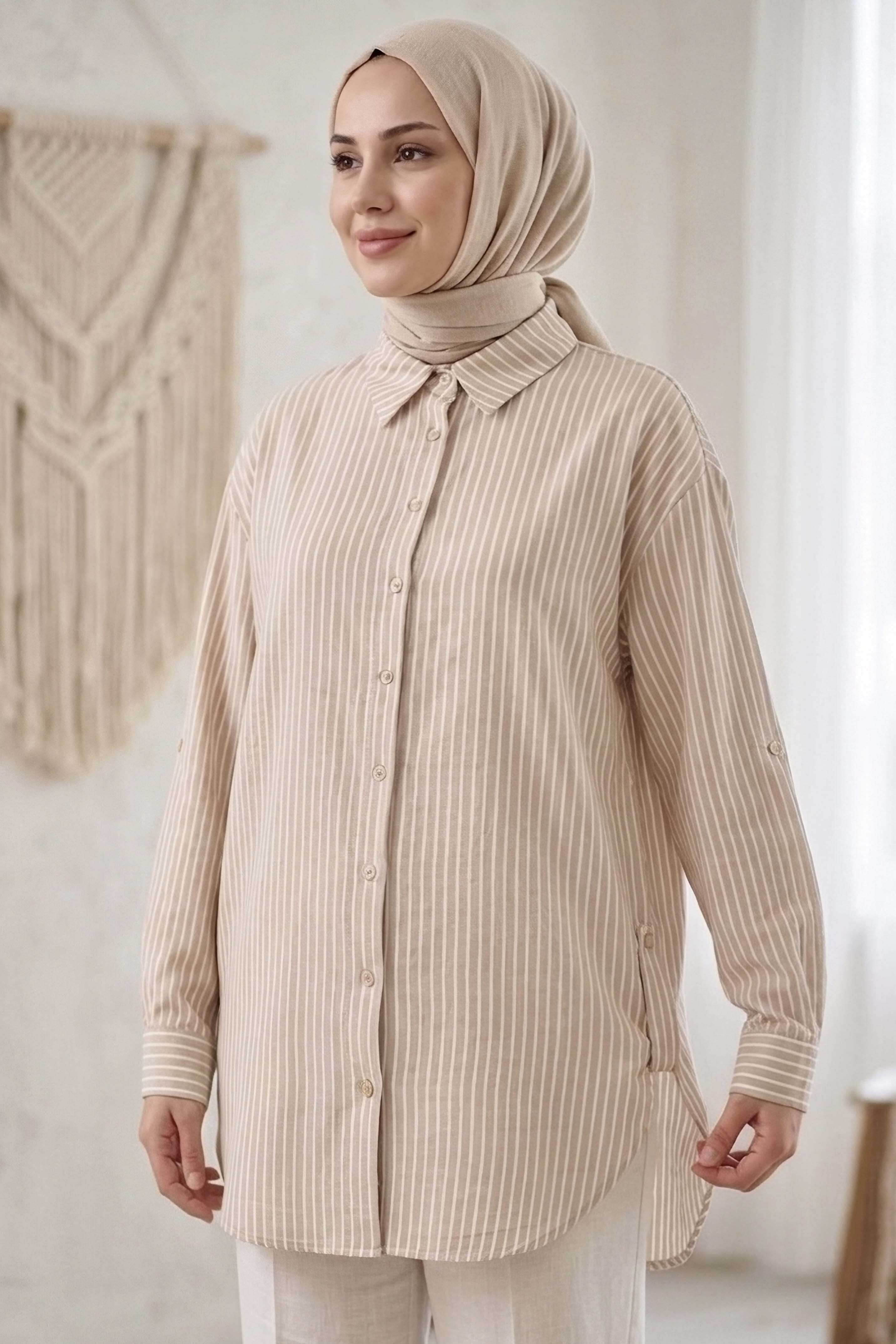 Çizgili Yanları Düğme Detaylı Tunik Krem - 1329-KREM - 2