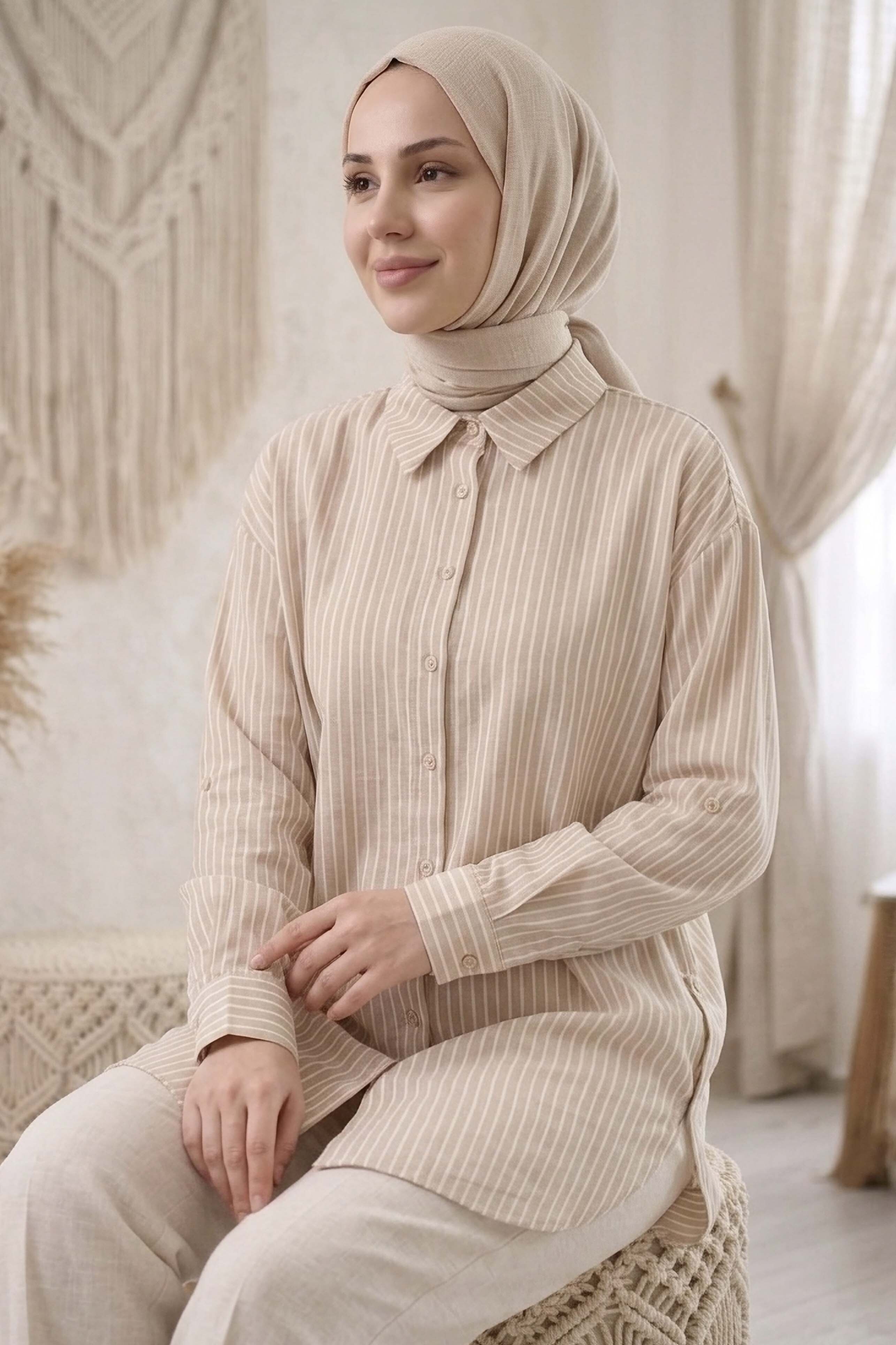 Çizgili Yanları Düğme Detaylı Tunik Krem - 1329-KREM - 3