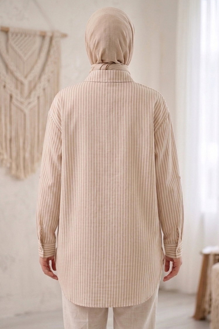 Çizgili Yanları Düğme Detaylı Tunik Krem - 1329-KREM - 4