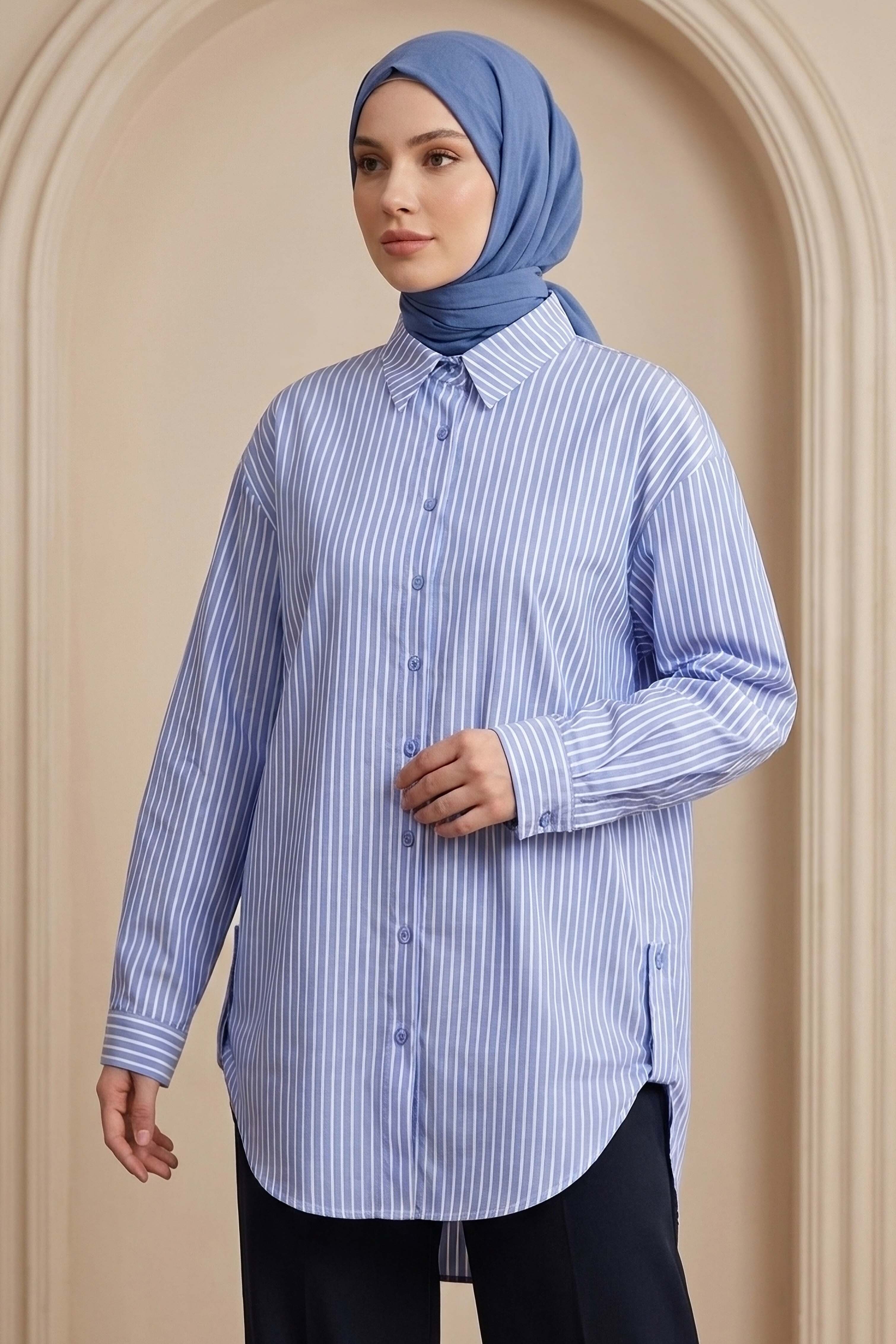 Çizgili Yanları Düğme Detaylı Tunik Mavi - 1329-MAVI - 1