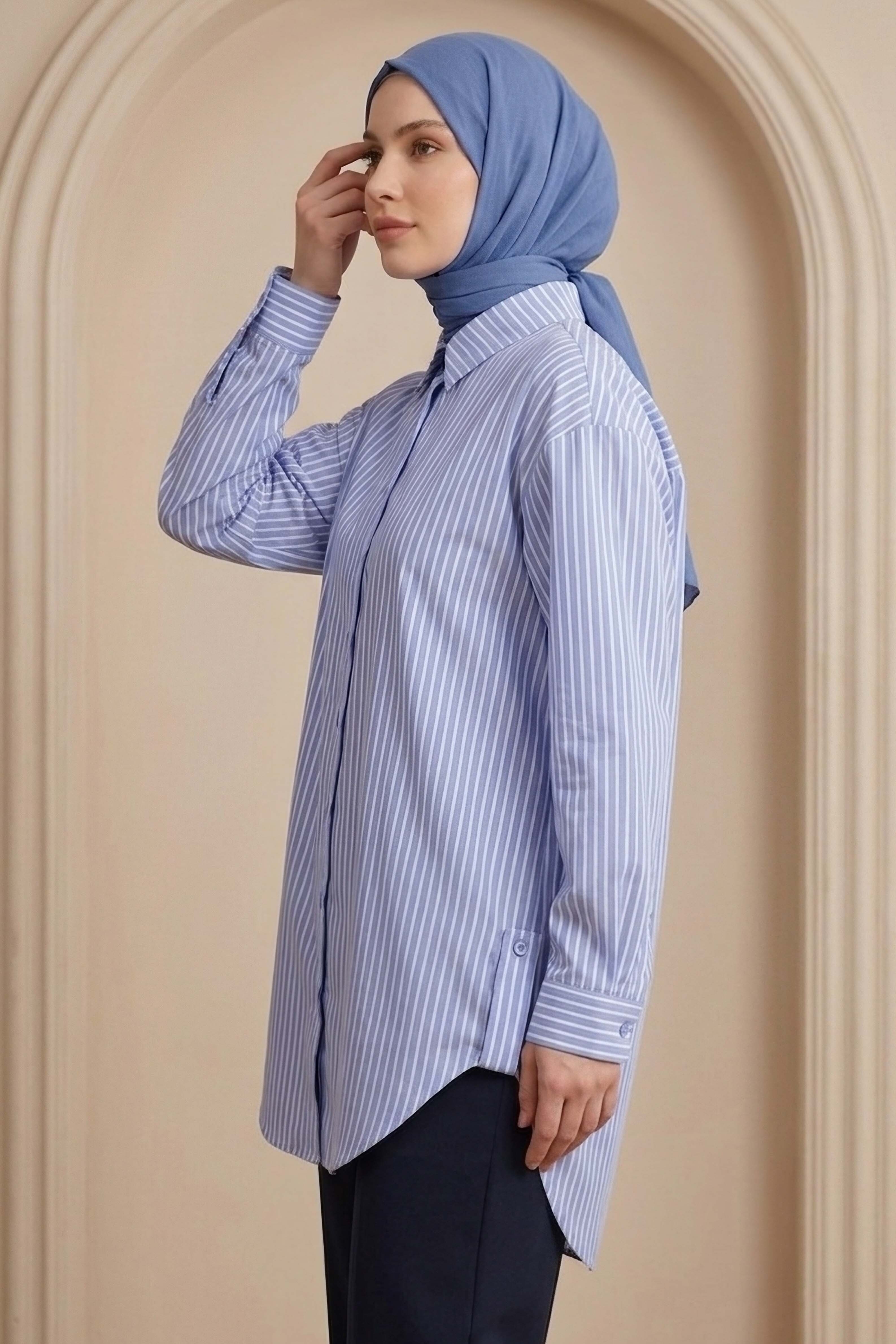 Çizgili Yanları Düğme Detaylı Tunik Mavi - 1329-MAVI - 3