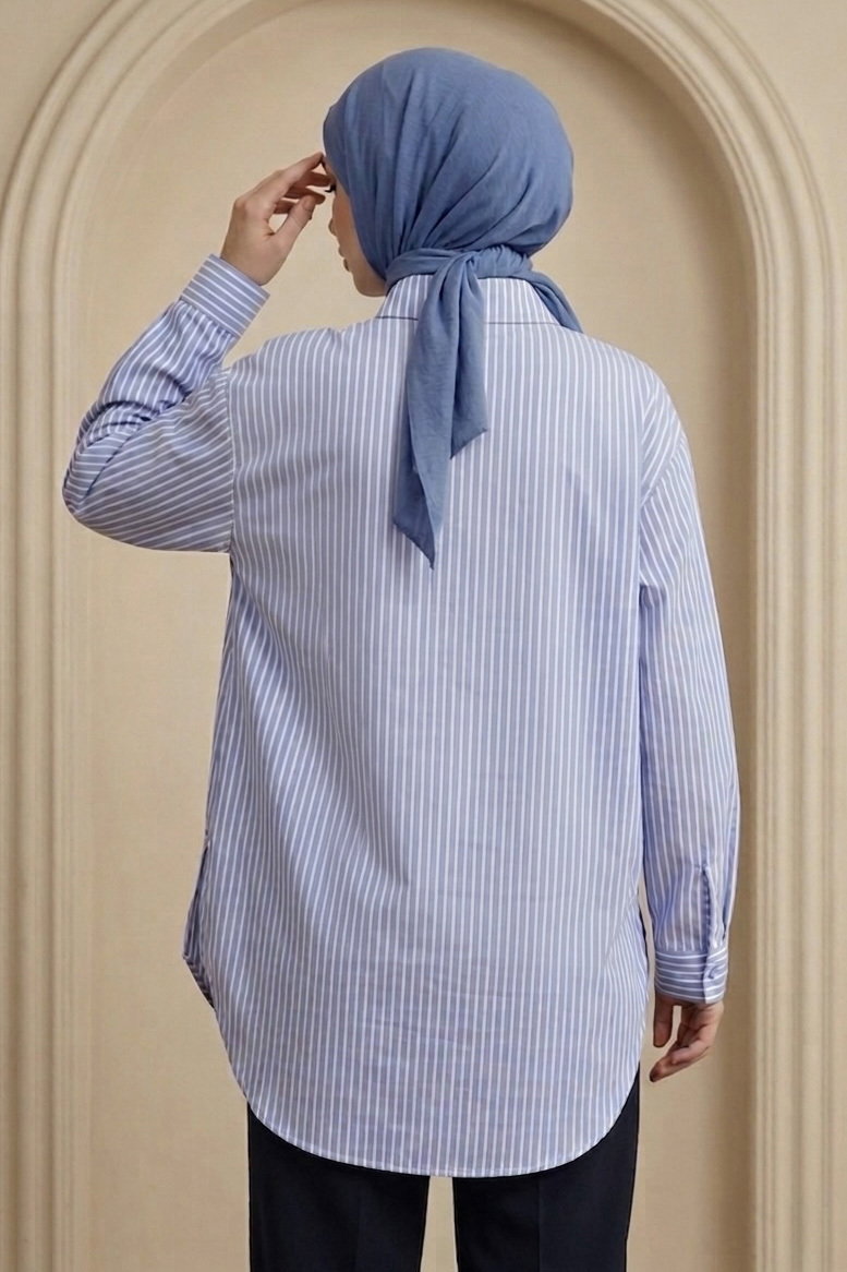 Çizgili Yanları Düğme Detaylı Tunik Mavi - 1329-MAVI - 4