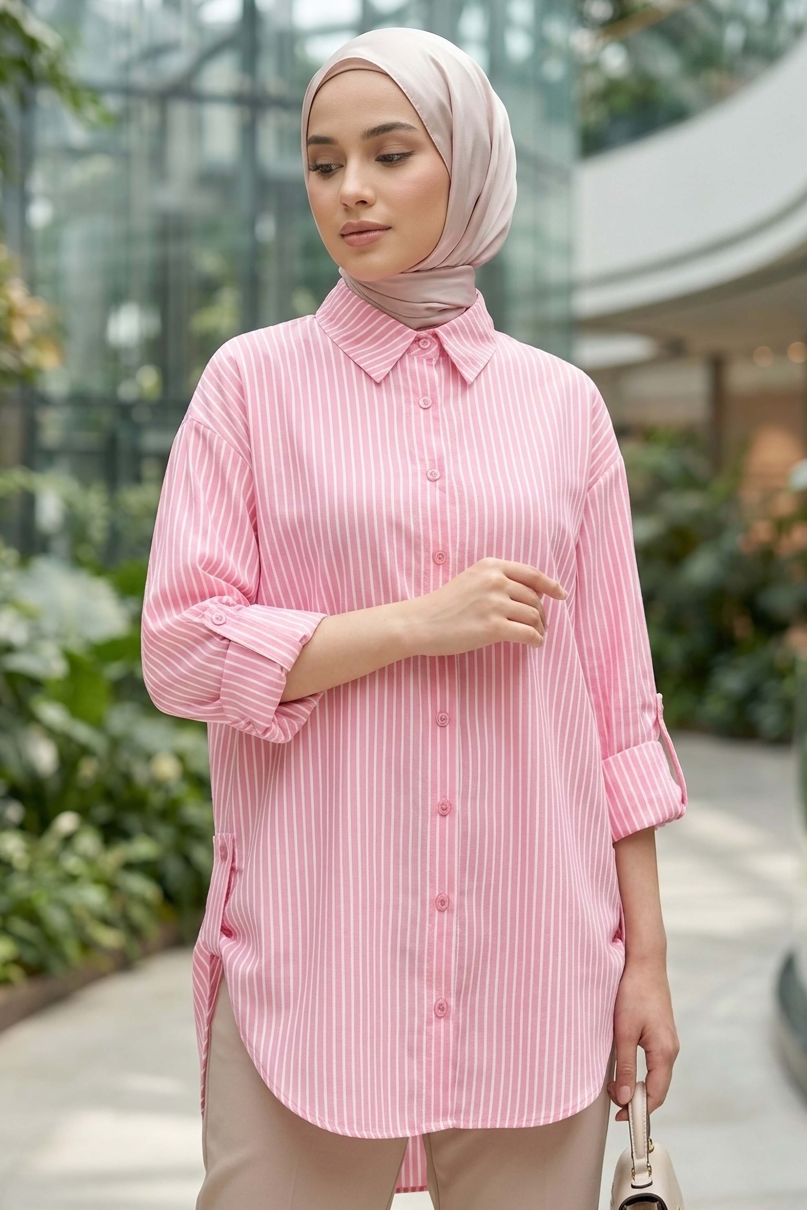 Çizgili Yanları Düğme Detaylı Tunik Pembe - 1329-PEMBE - 1