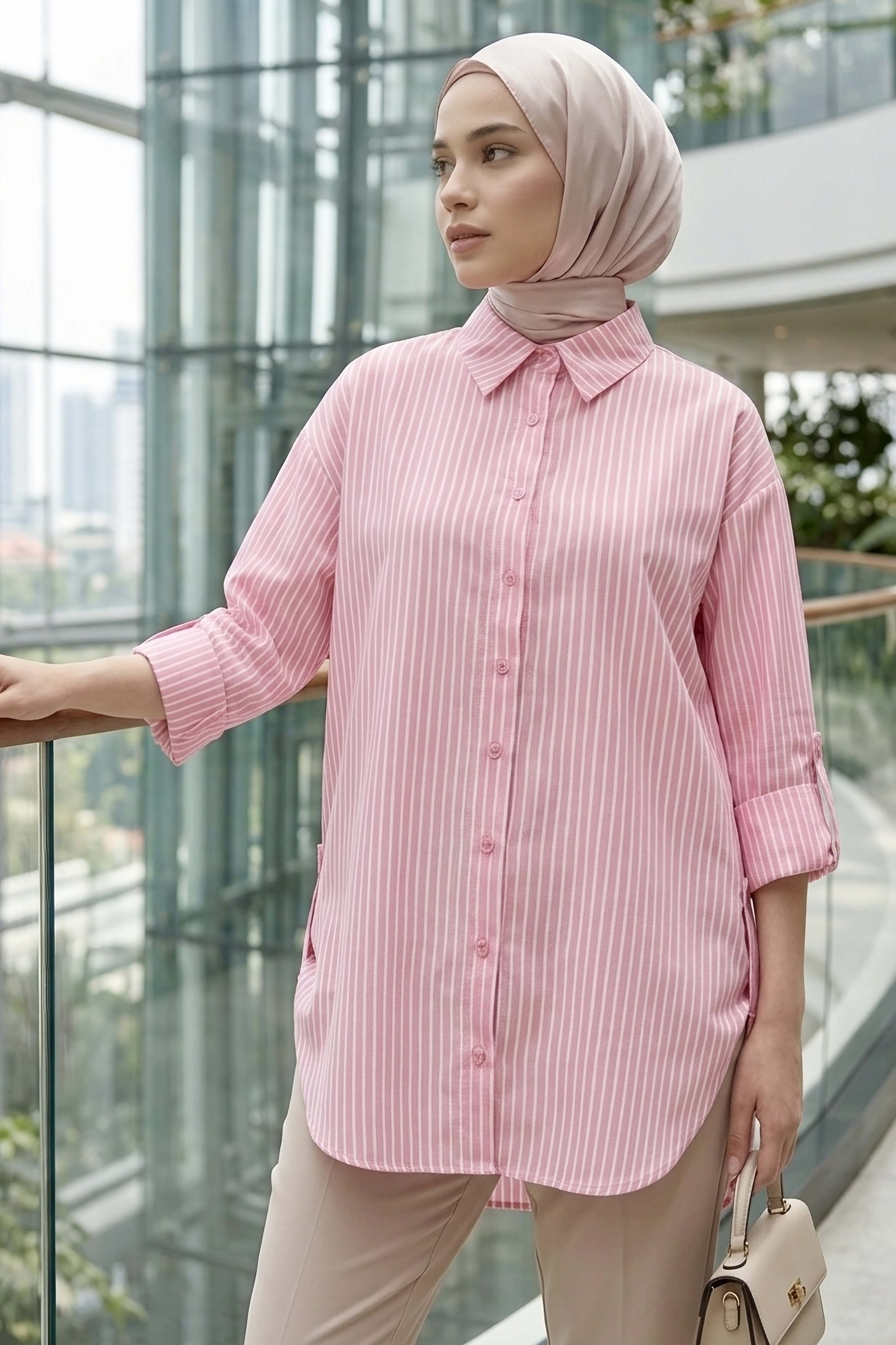 Çizgili Yanları Düğme Detaylı Tunik Pembe - 1329-PEMBE - 2