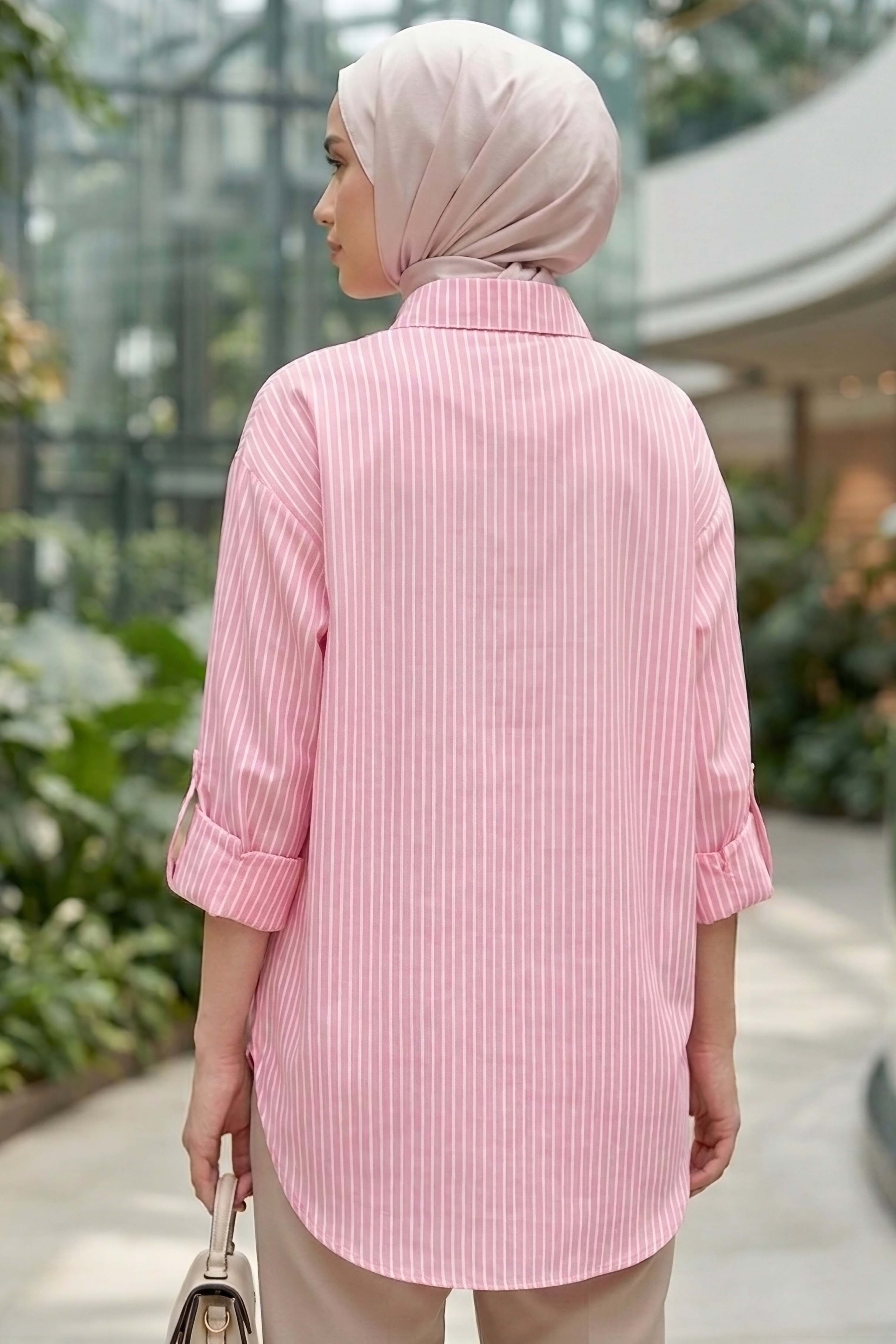 Çizgili Yanları Düğme Detaylı Tunik Pembe - 1329-PEMBE - 3