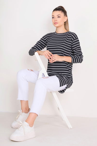 Çİzgili Yırtmaçlı Tunik Siyah - 27134 