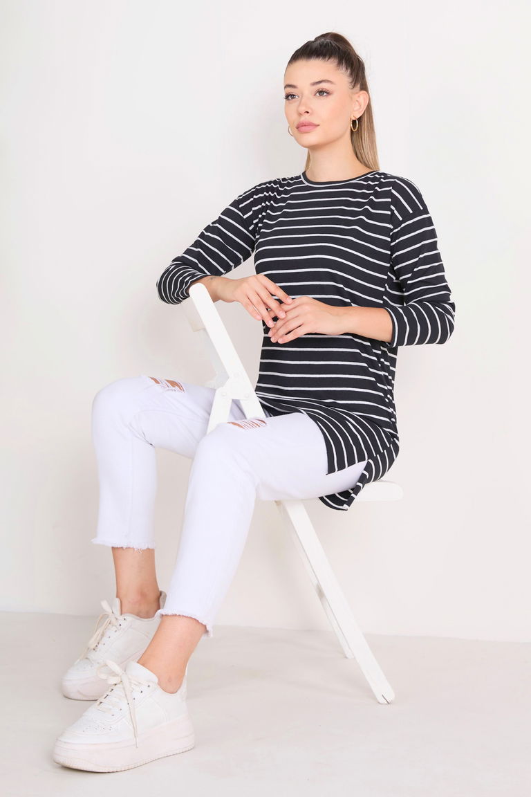 Çİzgili Yırtmaçlı Tunik Siyah - 27134 - TOFİSA