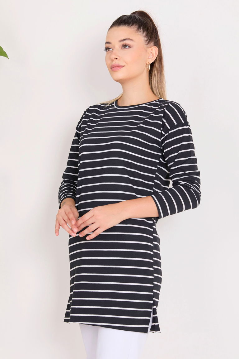Çİzgili Yırtmaçlı Tunik Siyah - 27134 - TOFİSA