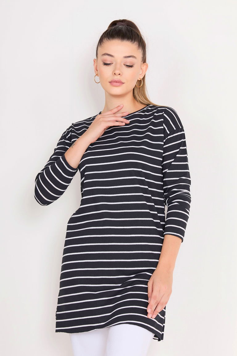 Çİzgili Yırtmaçlı Tunik Siyah - 27134 - TOFİSA