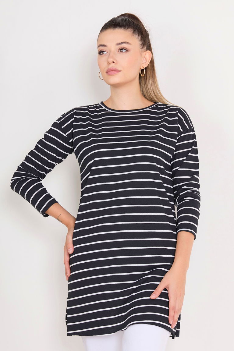 Çİzgili Yırtmaçlı Tunik Siyah - 27134 - TOFİSA