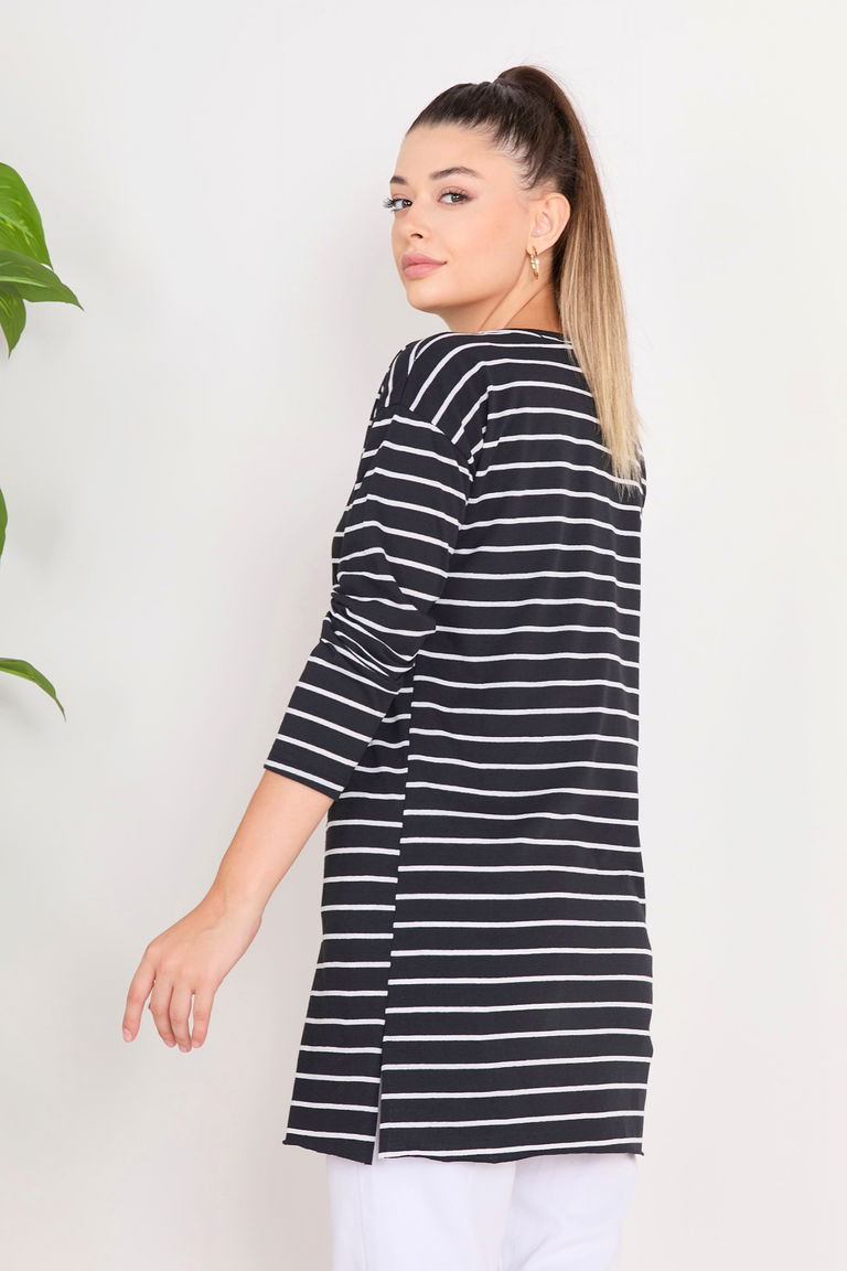 Çİzgili Yırtmaçlı Tunik Siyah - 27134 - TOFİSA