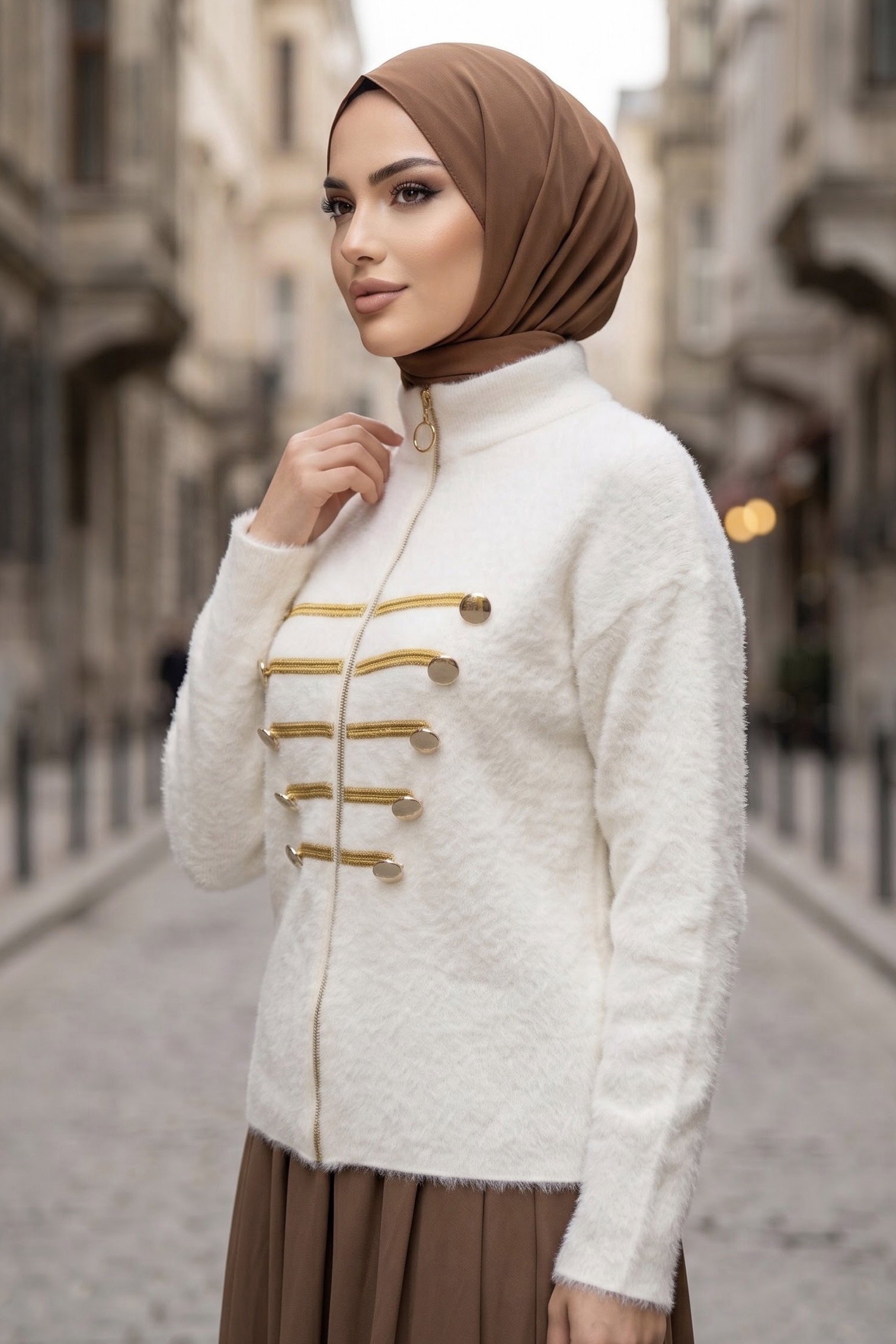 Çoban Düğme Detaylı Yumoş Hırka Beyaz - 29244-BEYAZ - 2