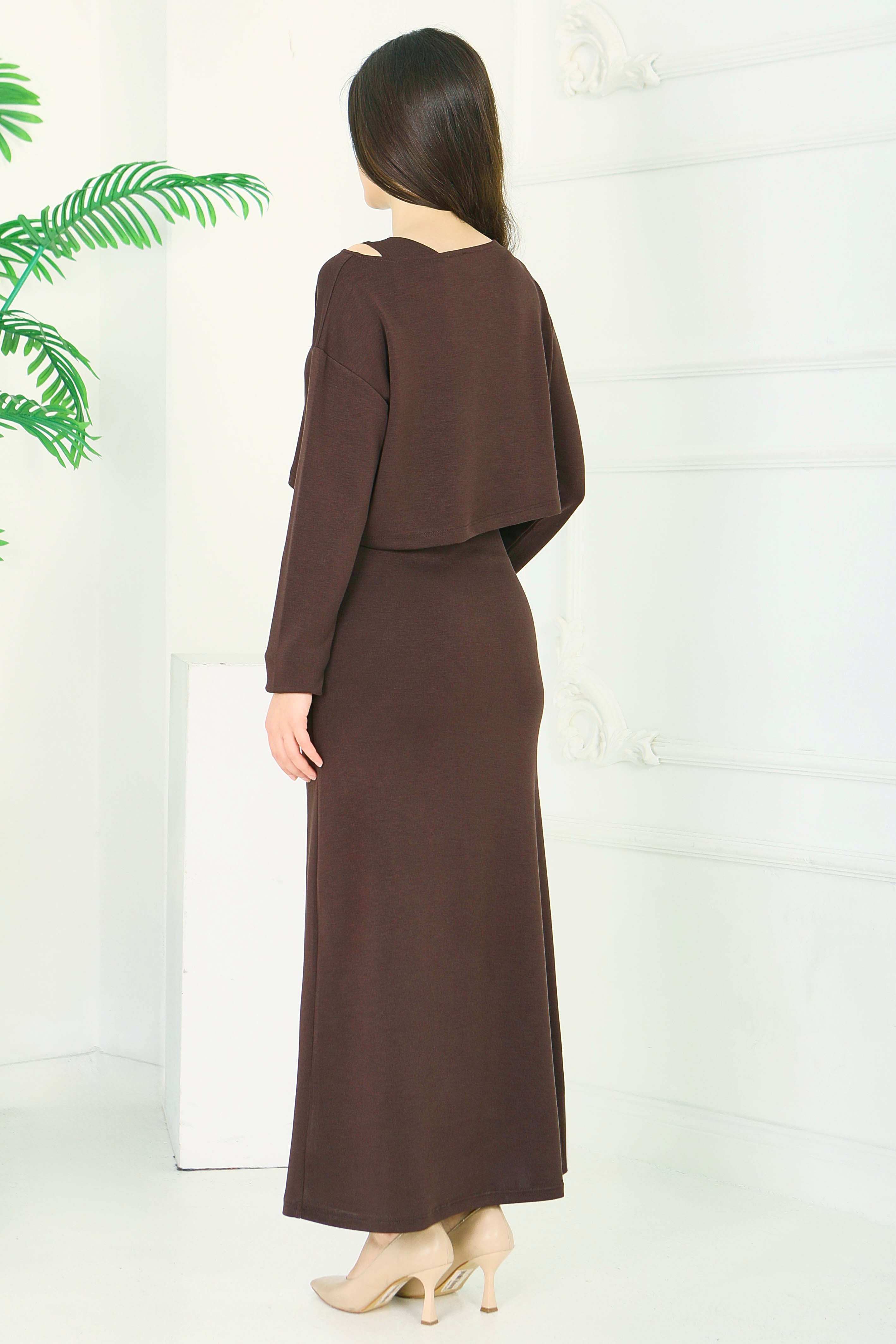 Croplu Elbise Takım - 28418-KAHVE - 4
