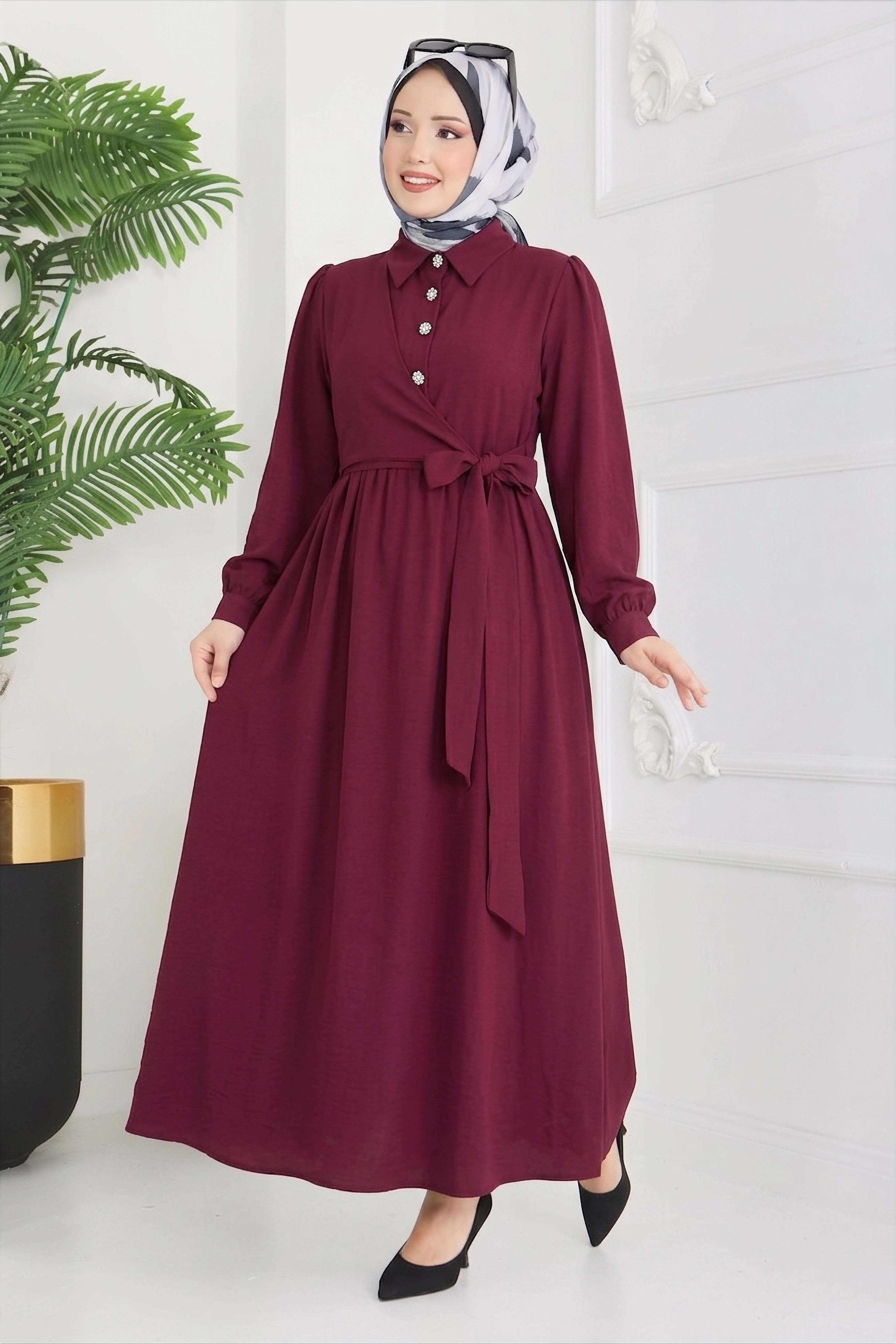 Cupra Yan Bağlamalı Düğmeli Elbise - 28381-BORDO - 1