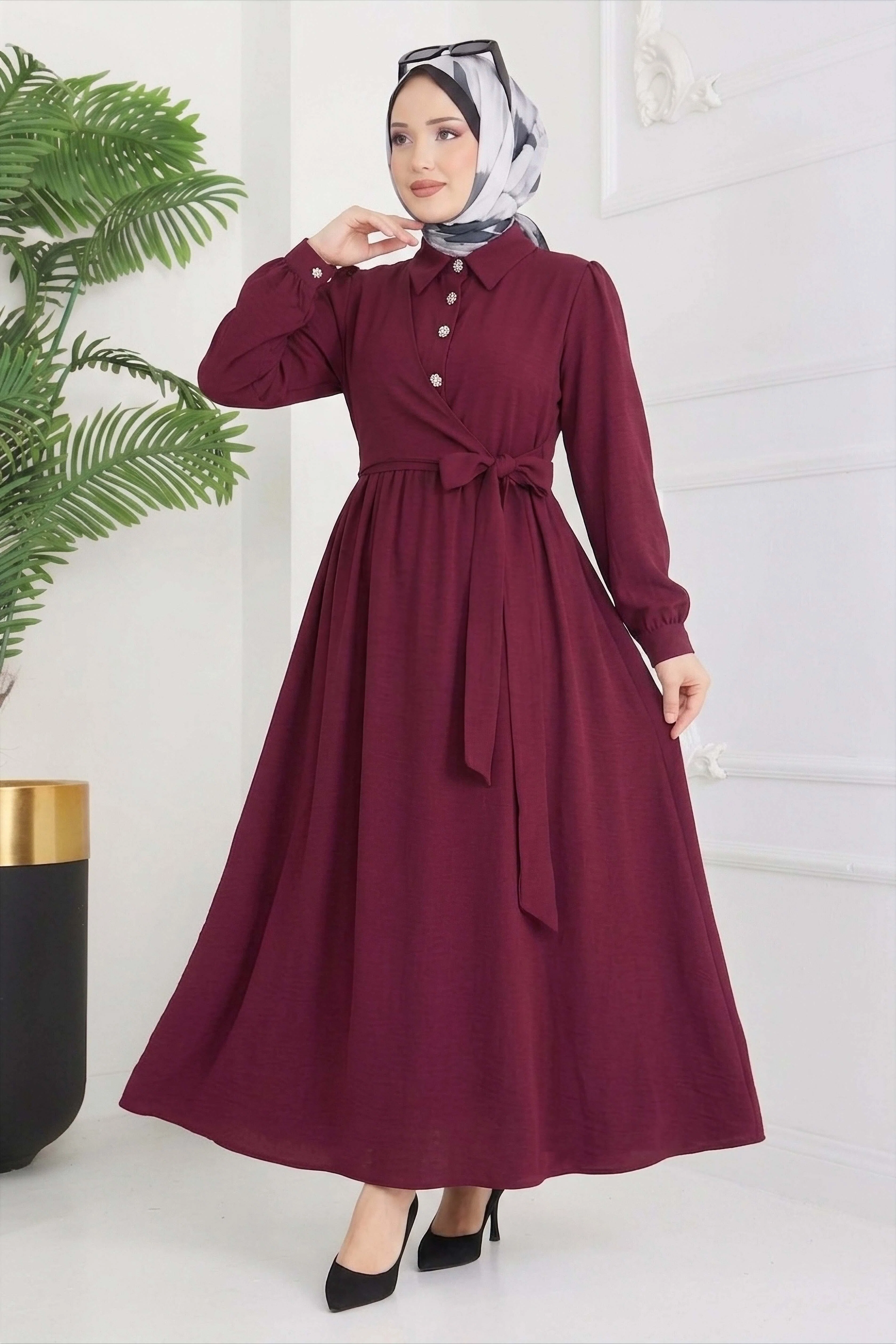 Cupra Yan Bağlamalı Düğmeli Elbise - 28381-BORDO - 2