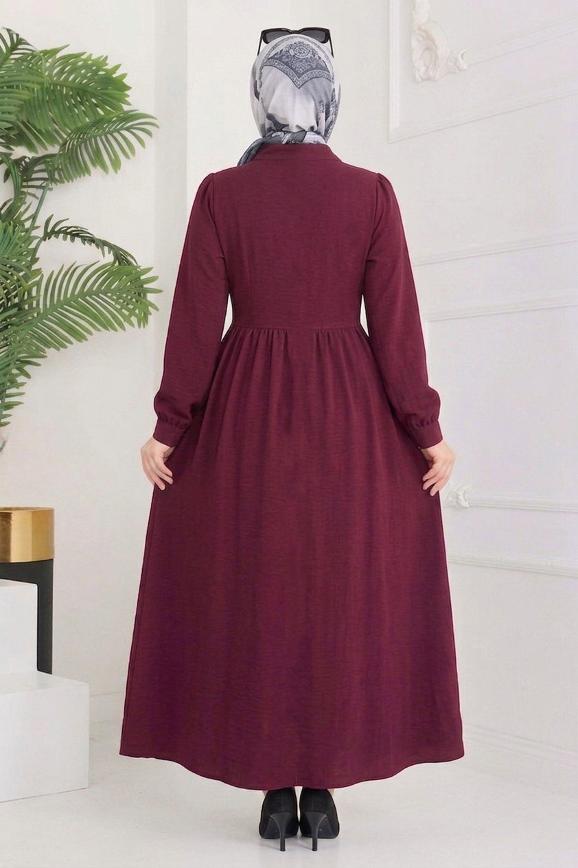 Cupra Yan Bağlamalı Düğmeli Elbise - 28381-BORDO - 3