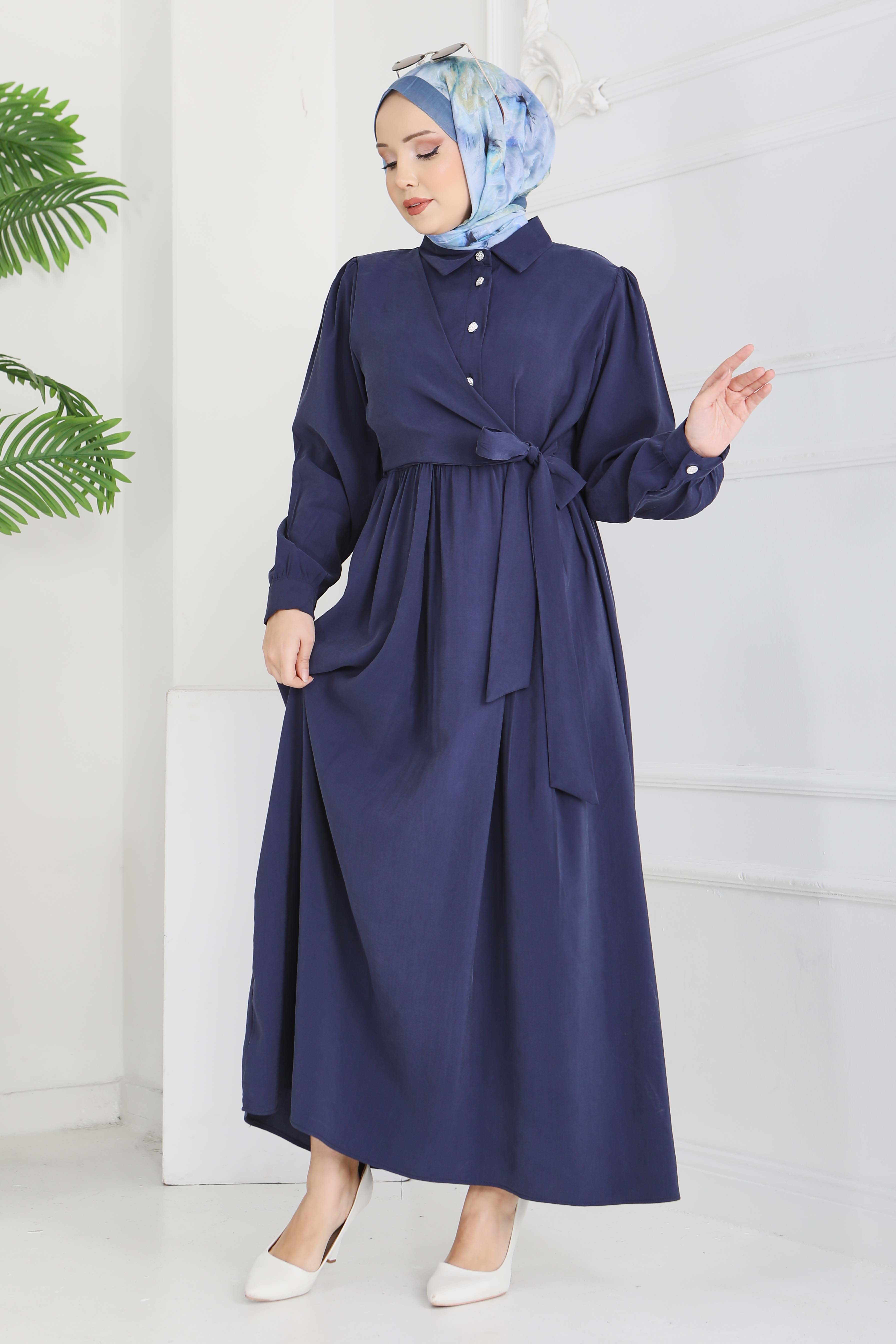 Cupra Yan Bağlamalı Düğmeli Elbise - 28381-LACIVERT - 1