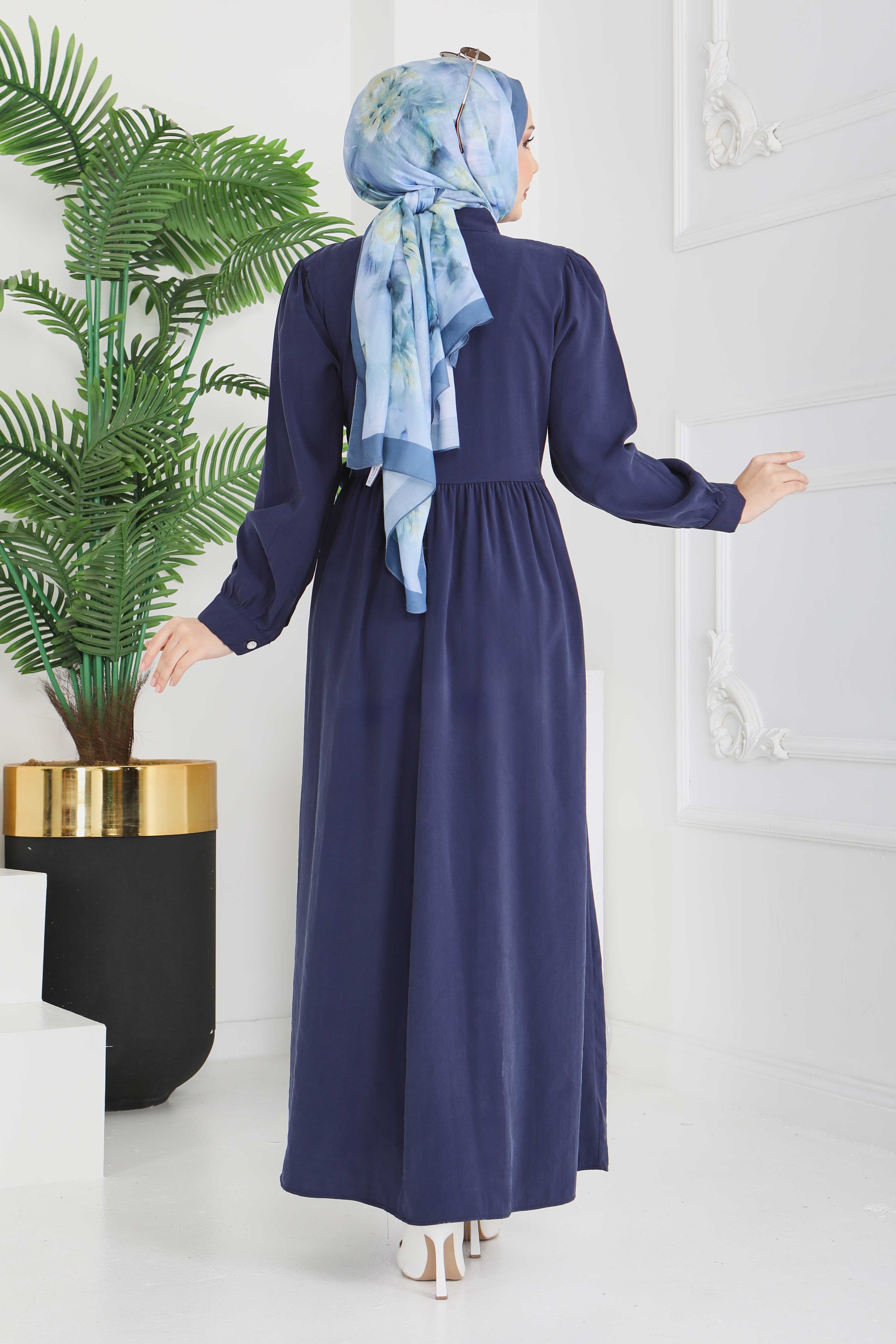 Cupra Yan Bağlamalı Düğmeli Elbise - 28381-LACIVERT - 5