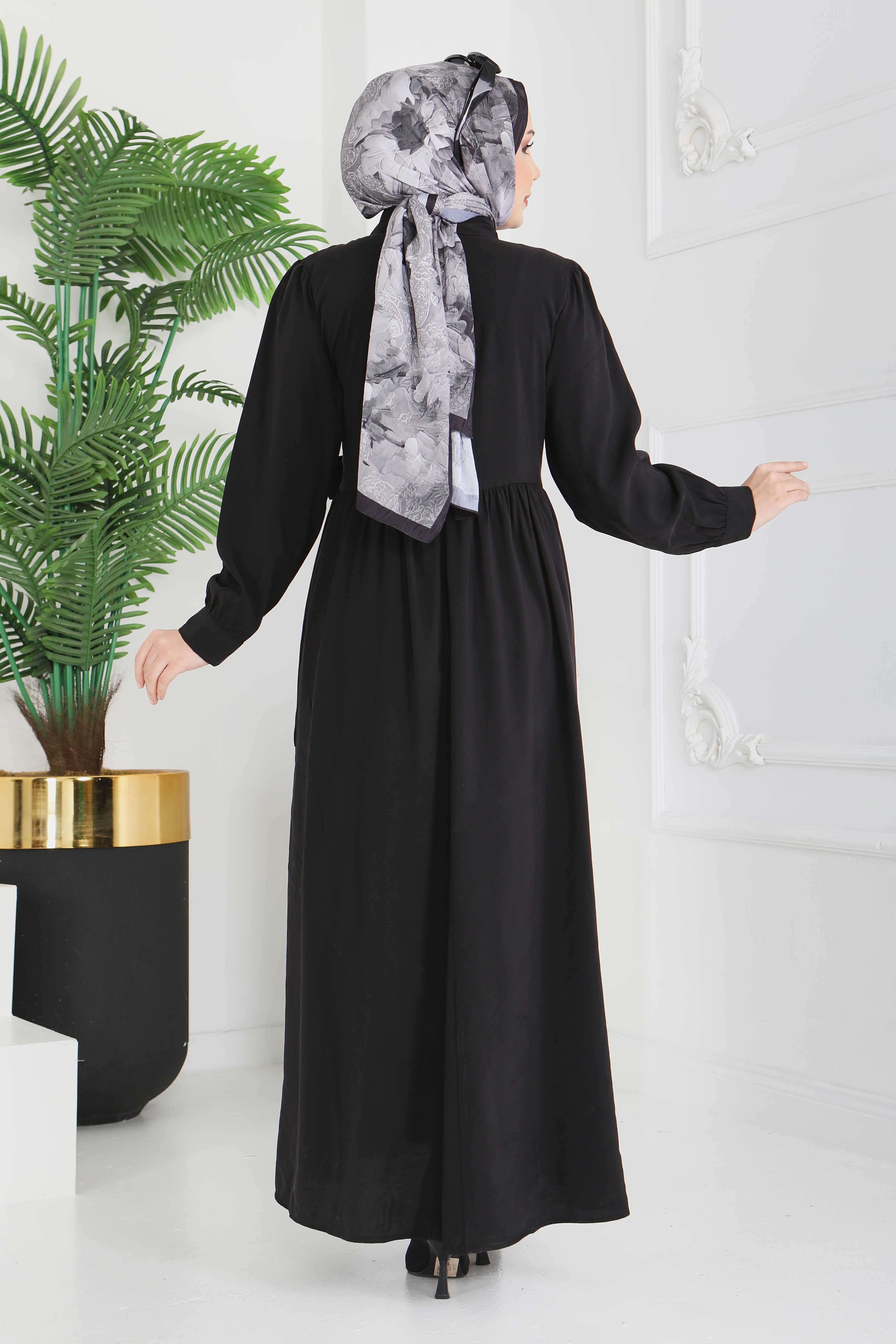 Cupra Yan Bağlamalı Düğmeli Elbise - 28381-SIYAH - 5