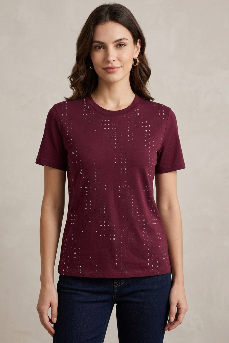 Damla Taşlı T-shirt - 28417-BORDO - 1