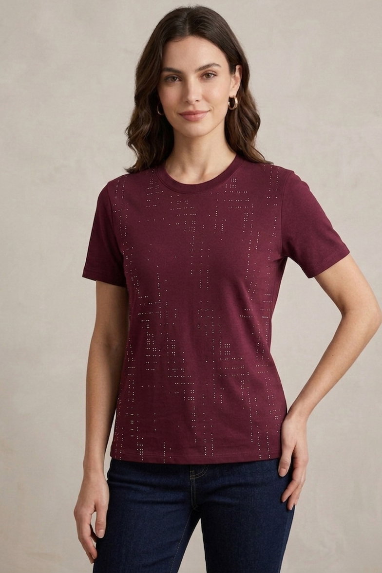 Damla Taşlı T-shirt - 28417-BORDO - 2