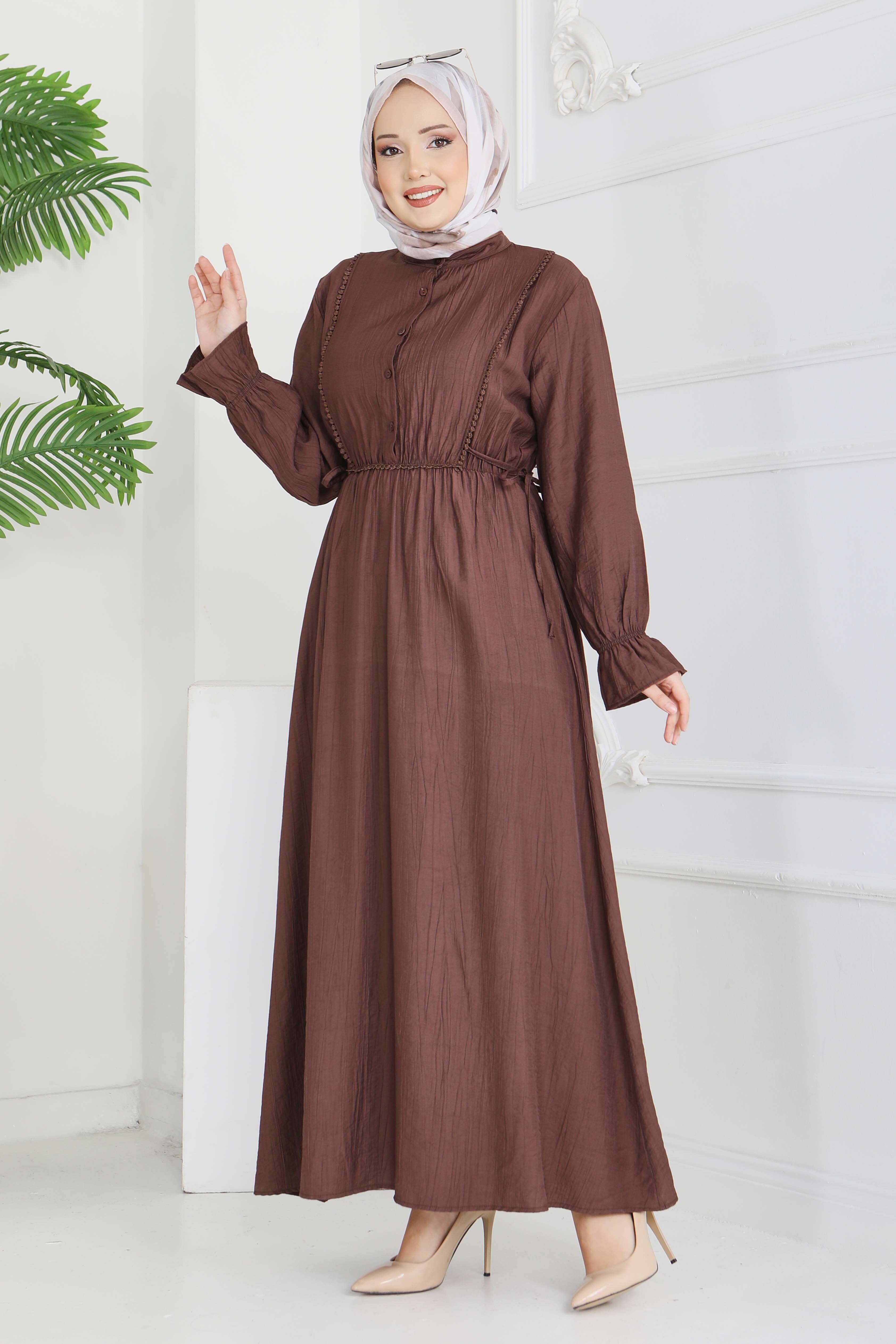 Dantel Detaylı Elbise - 28223-KAHVE - 1