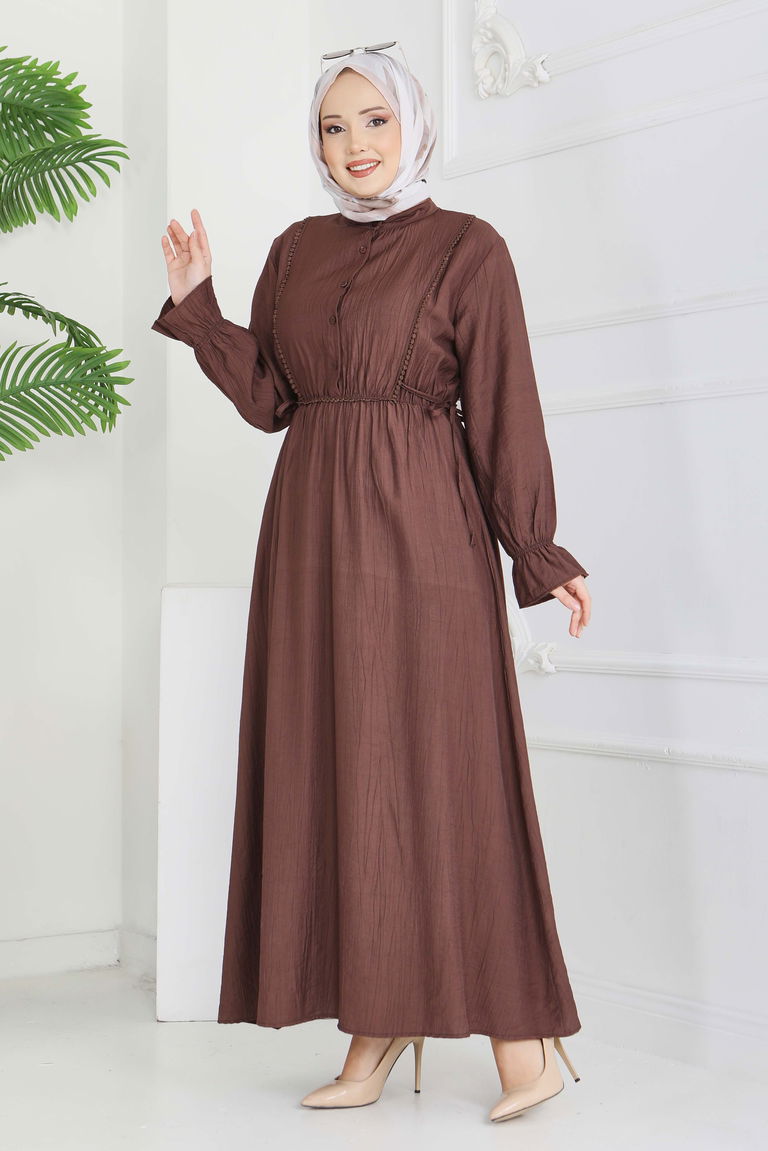 Dantel Detaylı Elbise - 28223-KAHVE - TOFİSA