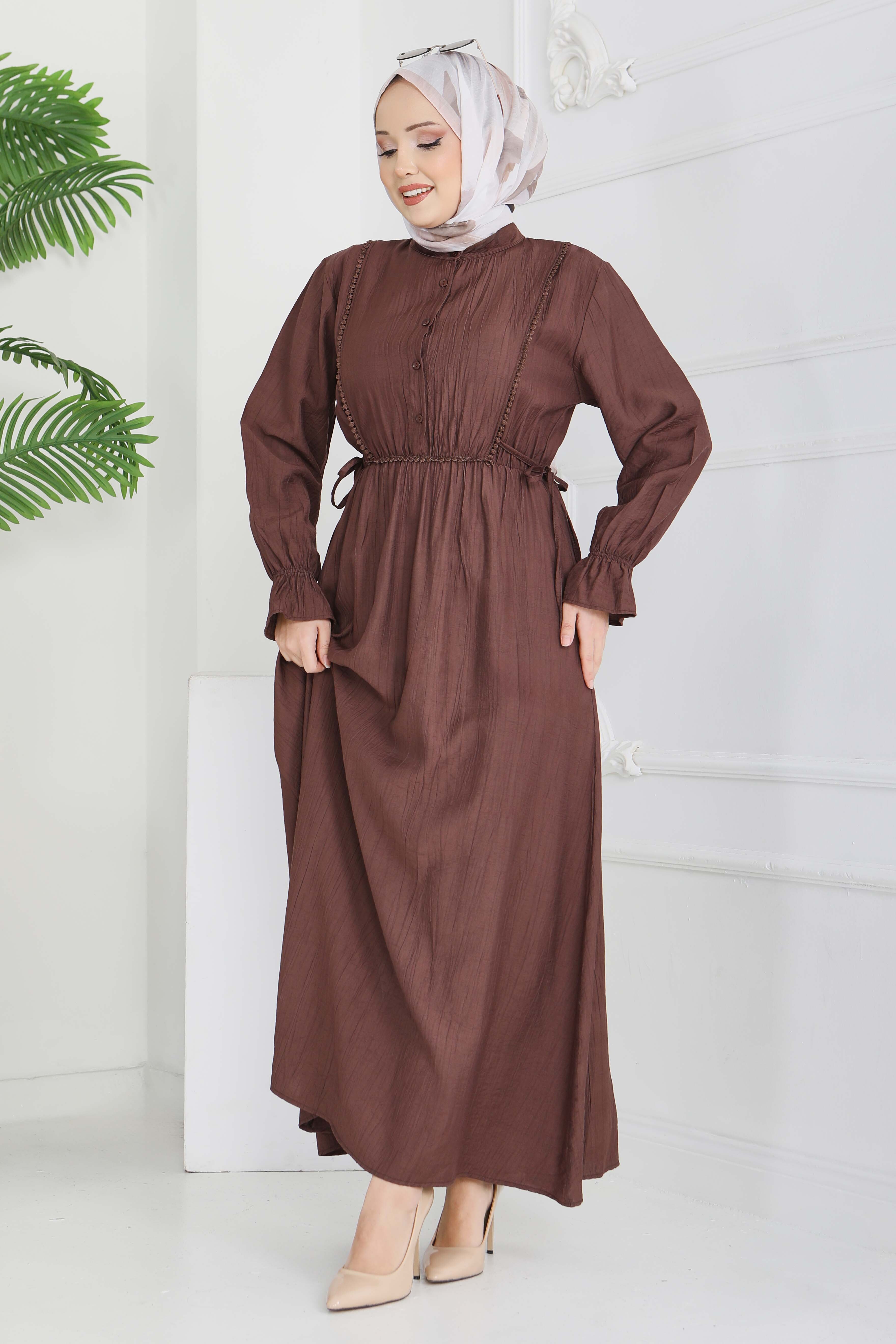 Dantel Detaylı Elbise - 28223-KAHVE - 2