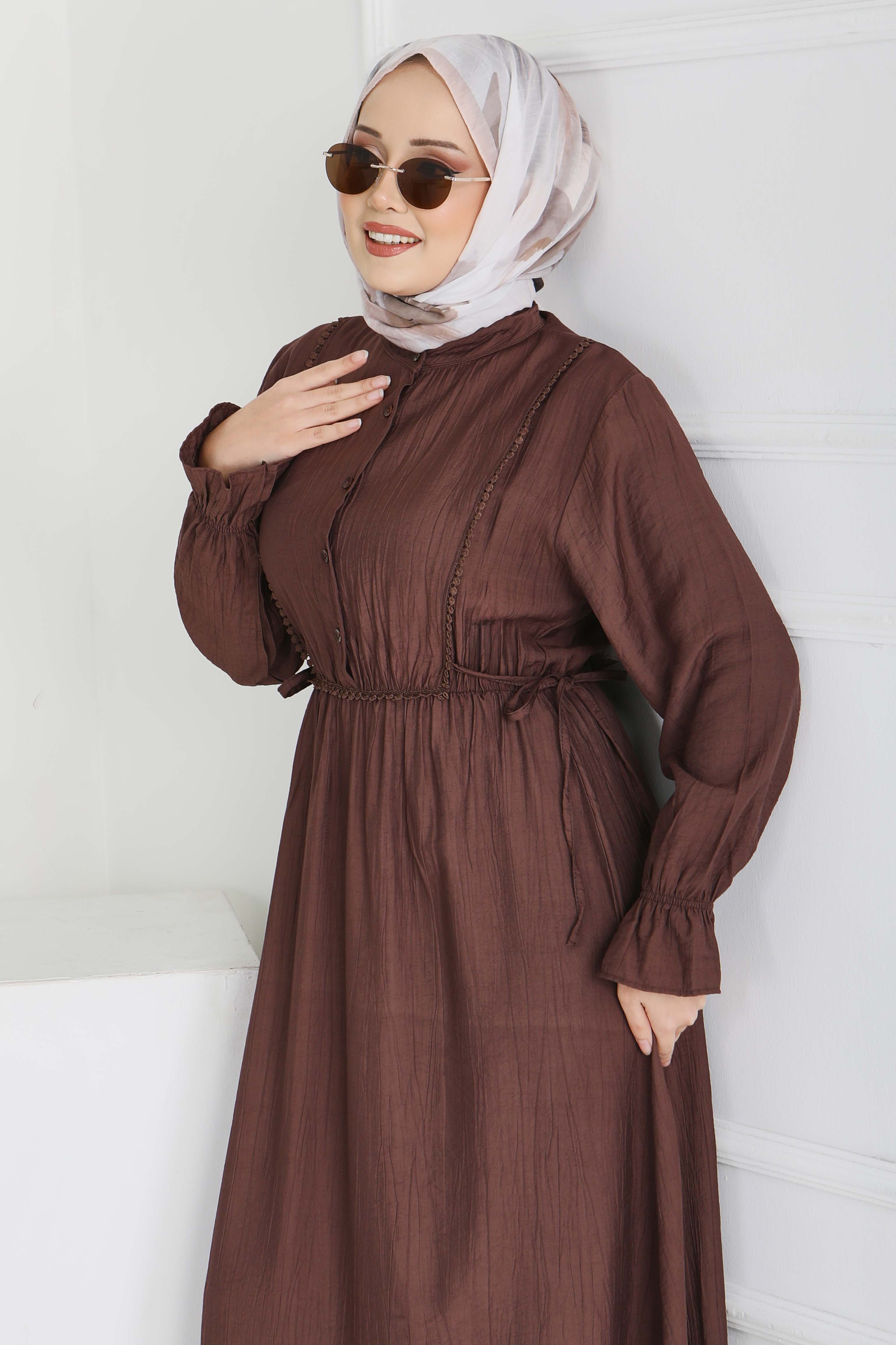 Dantel Detaylı Elbise - 28223-KAHVE - 3