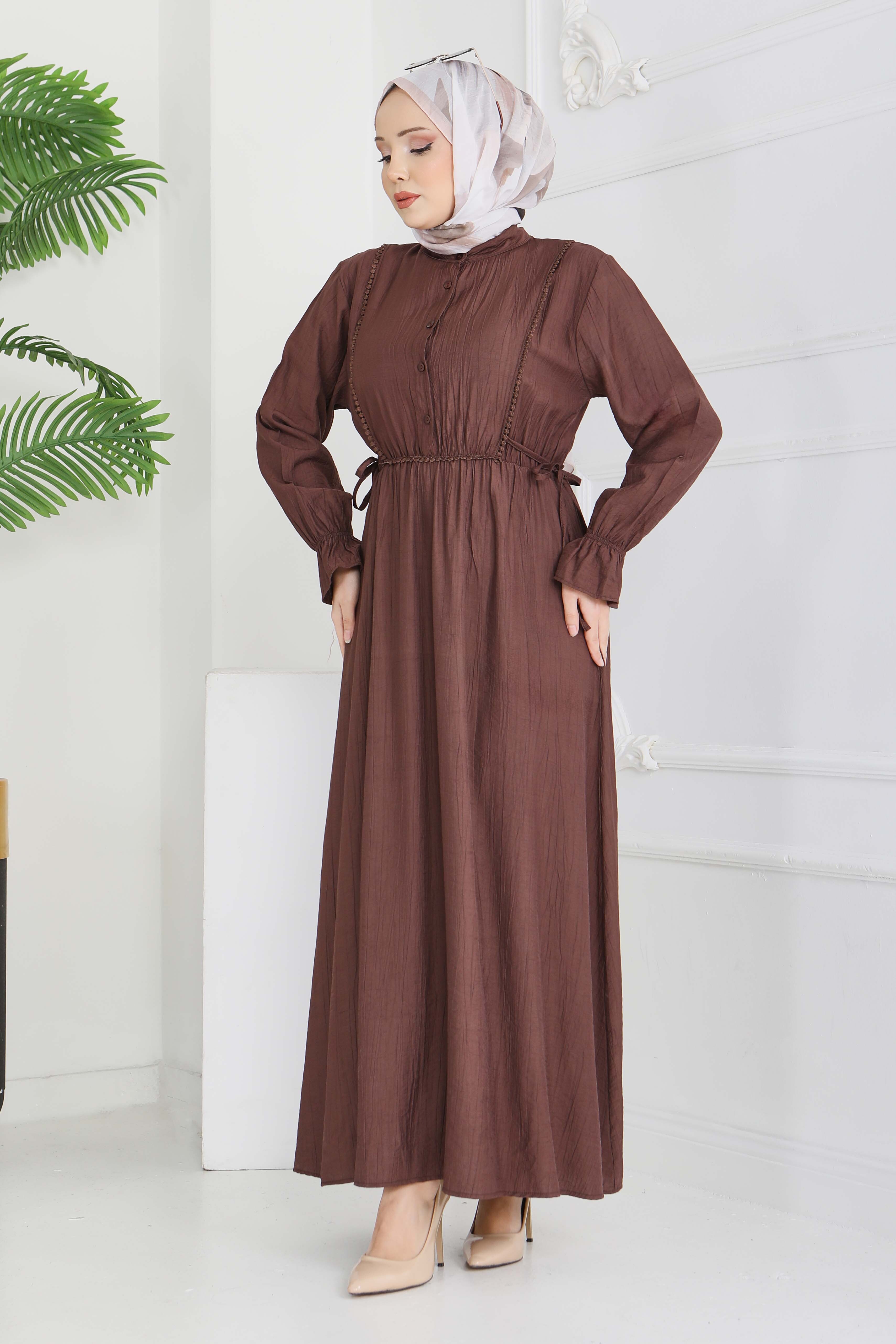 Dantel Detaylı Elbise - 28223-KAHVE - 4